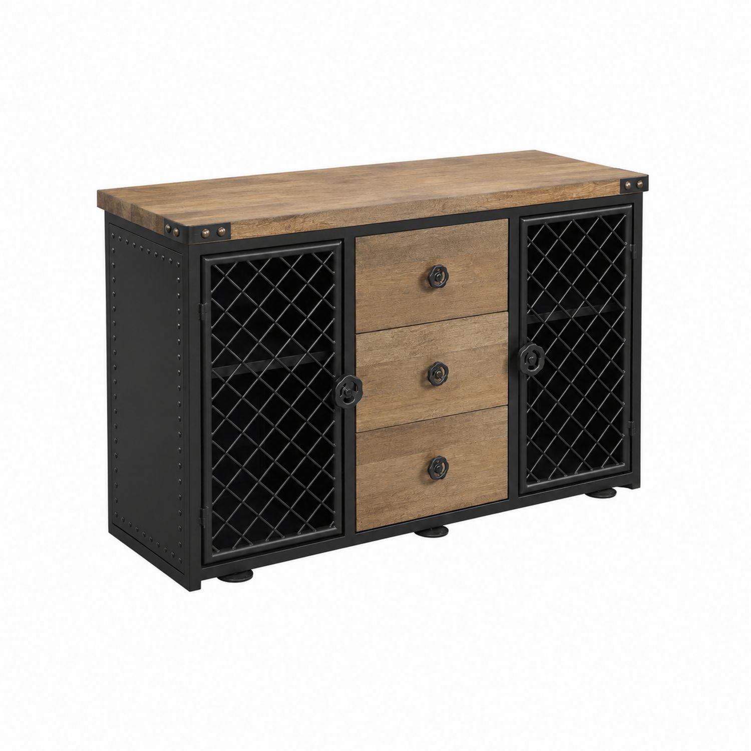 Credenza in legno e metallo con porte a griglia e cassetti
