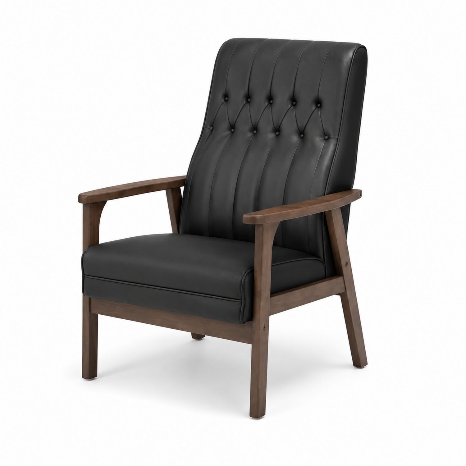 Sessel mit Holzrahmen und schwarzem Kunstleder