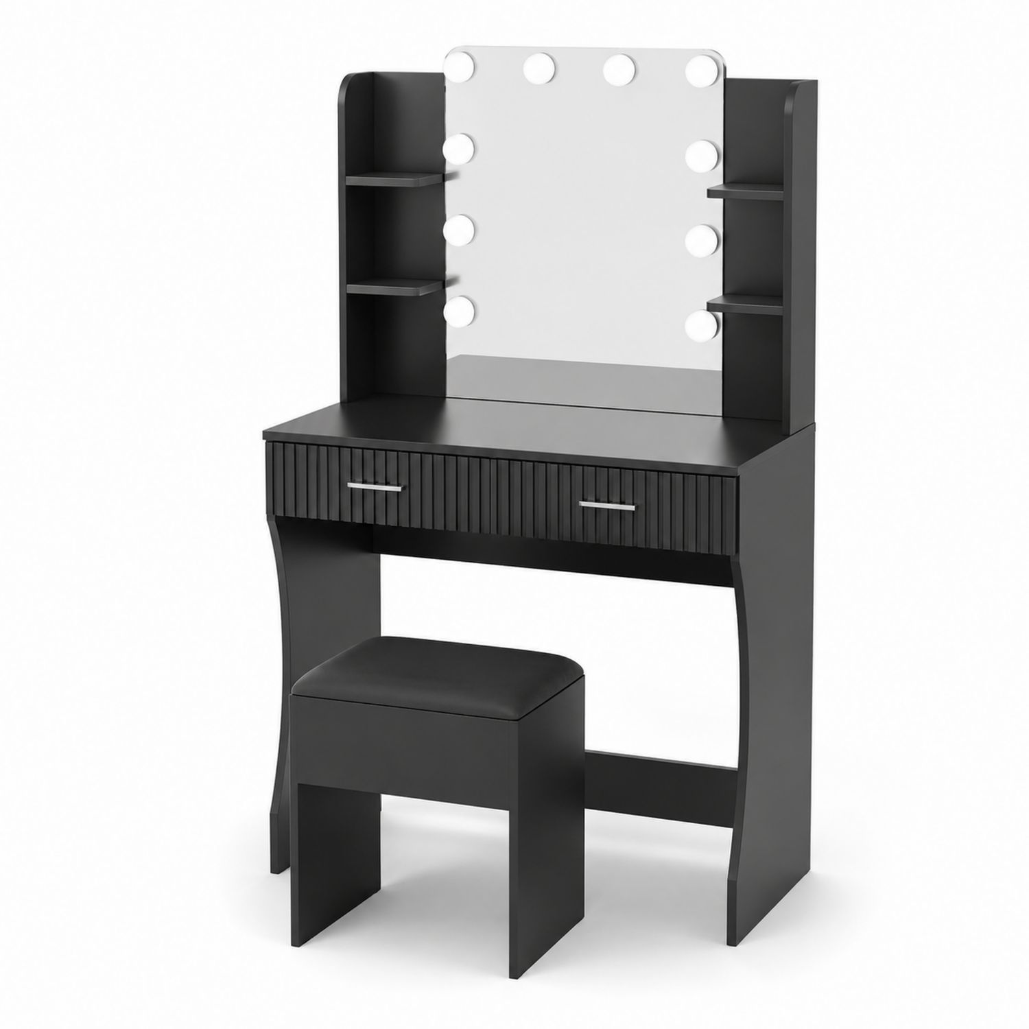 Schminktisch mit Spiegel LED Beleuchtung und Hocker Schwarz MDF