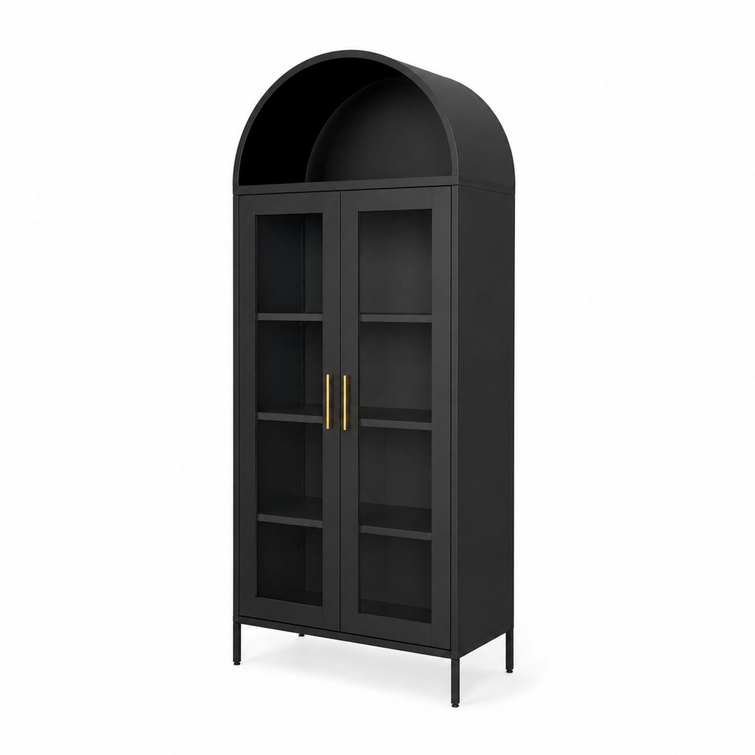 Schwarzer Metallschrank mit Glasfronten und gewölbtem Dach