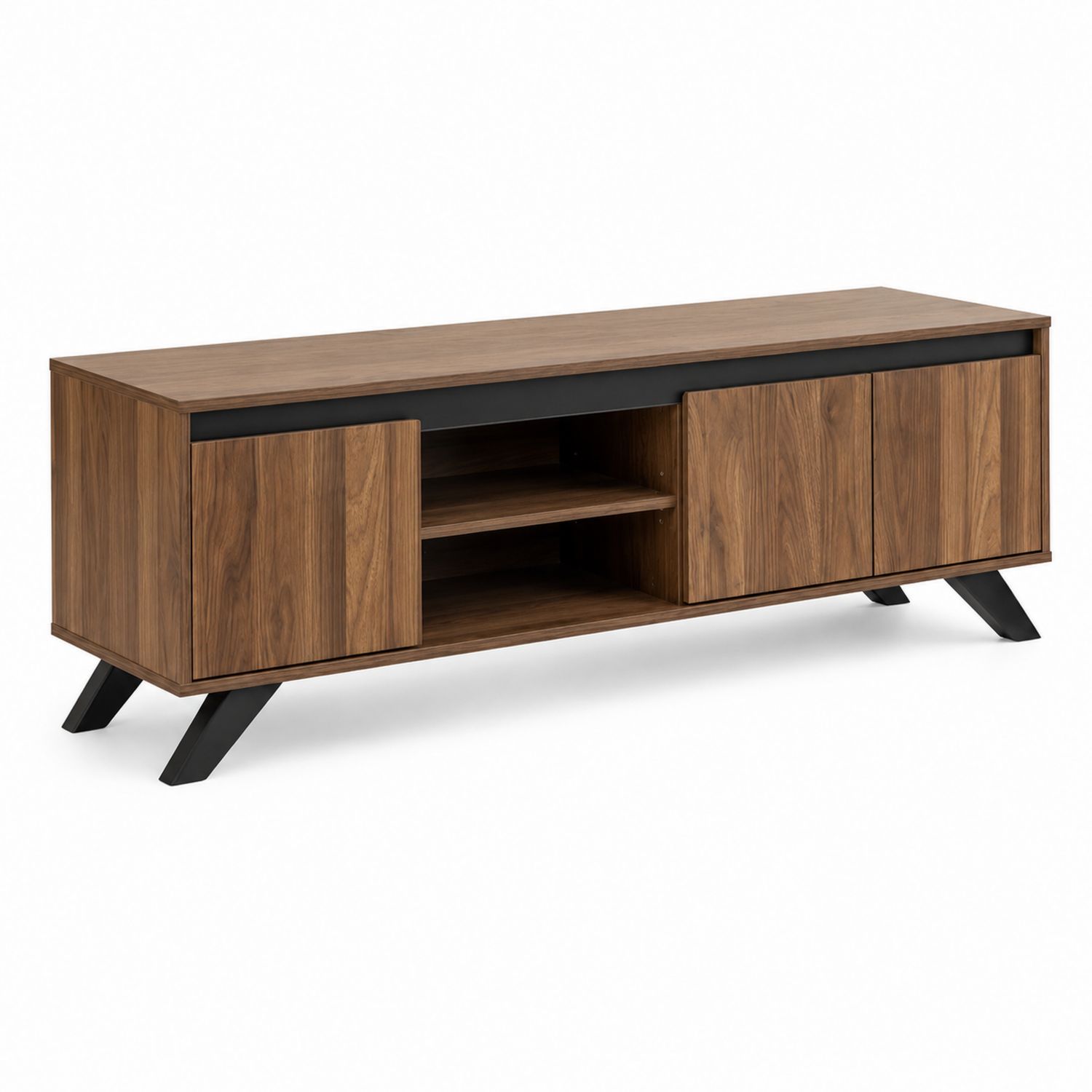TV-Lowboard aus MDF mit Nussbaumfurnier und Metallbeinen