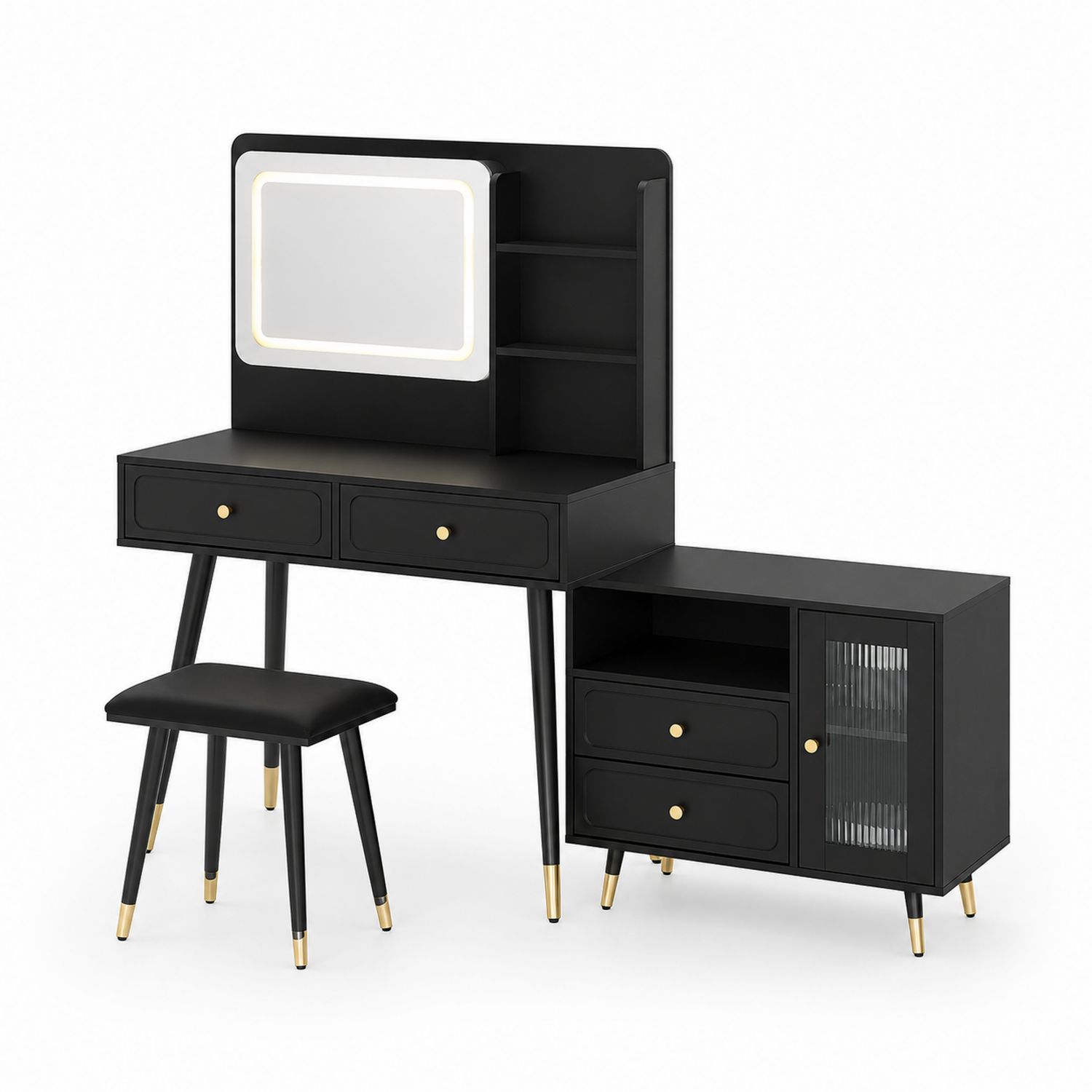 Schwarzes Schminktisch-Set aus Holz und Lederimitat mit Spiegel und Hocker