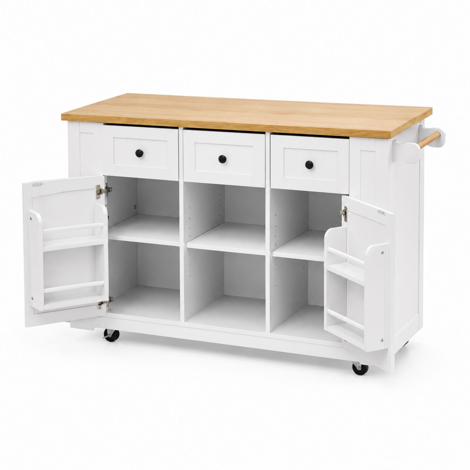 Küchenrollwagen aus Holz mit MDF Weiß und Naturholz 116x46x91 cm
