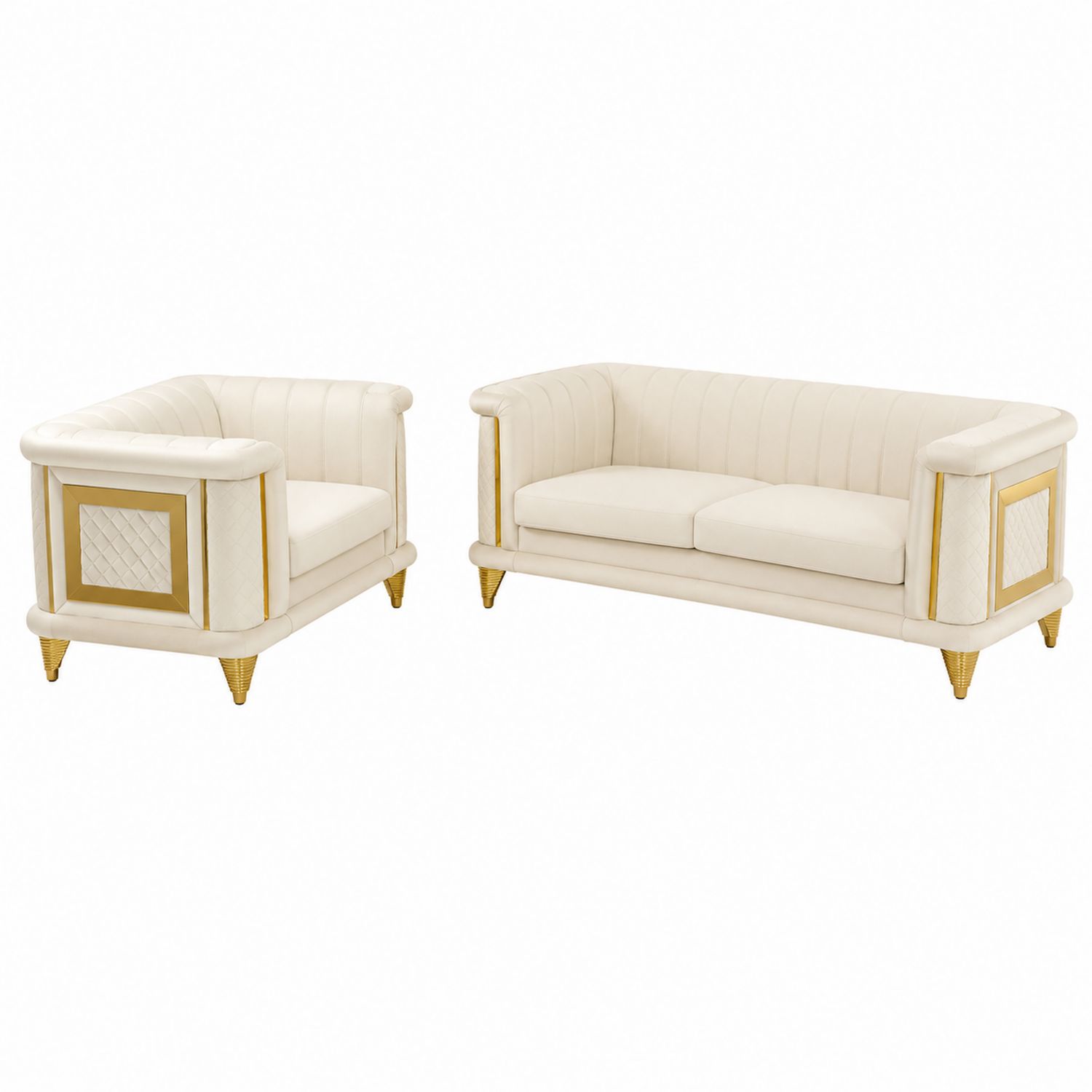 2-teiliges Sofa-Set Leder Cremeweiß mit Holz und Gold