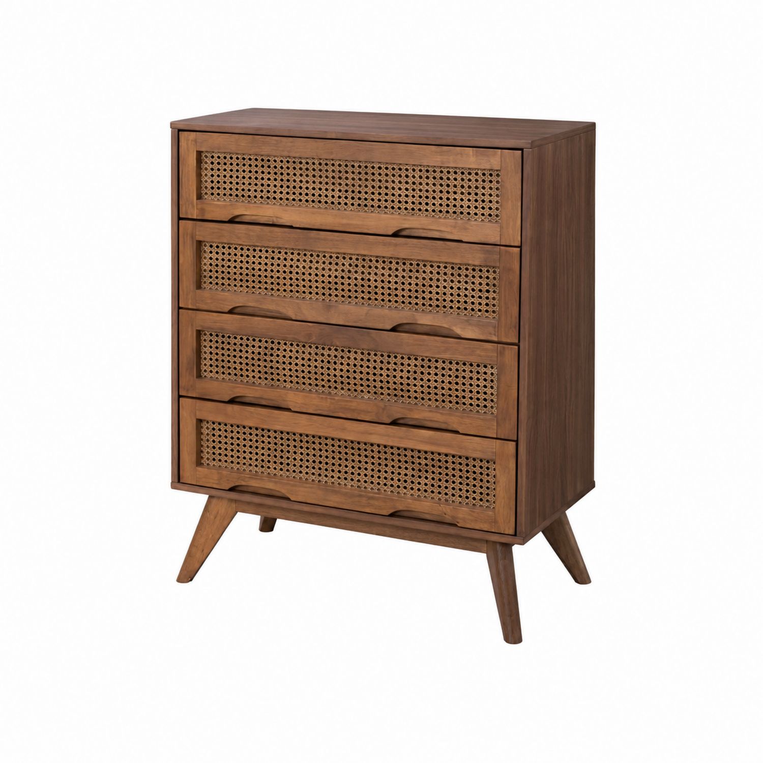 Kommode mit Rattan-Fronten, 4 Schubladen, Eichenholz, Braun