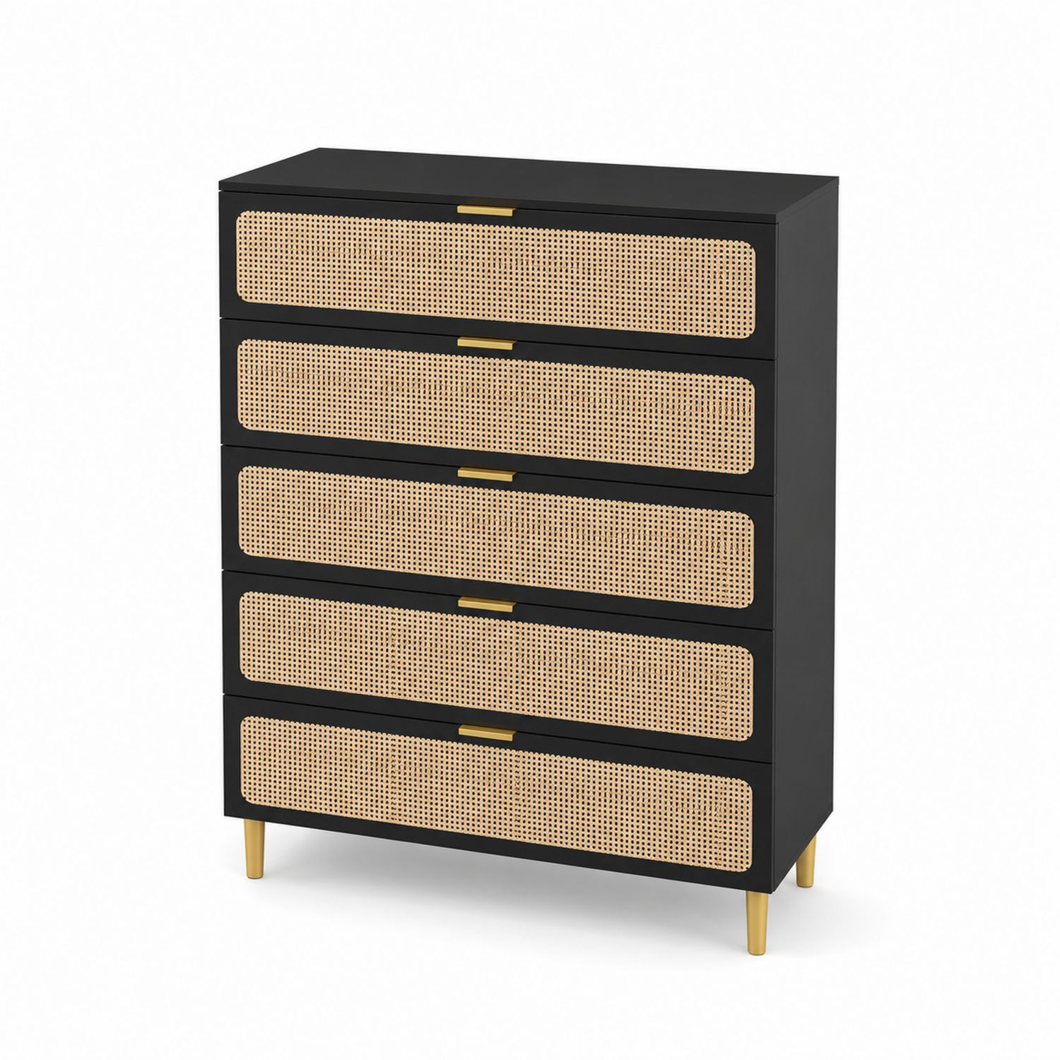 Schwarze Kommode mit 5 Schubladen aus MDF, Rattan und Metall