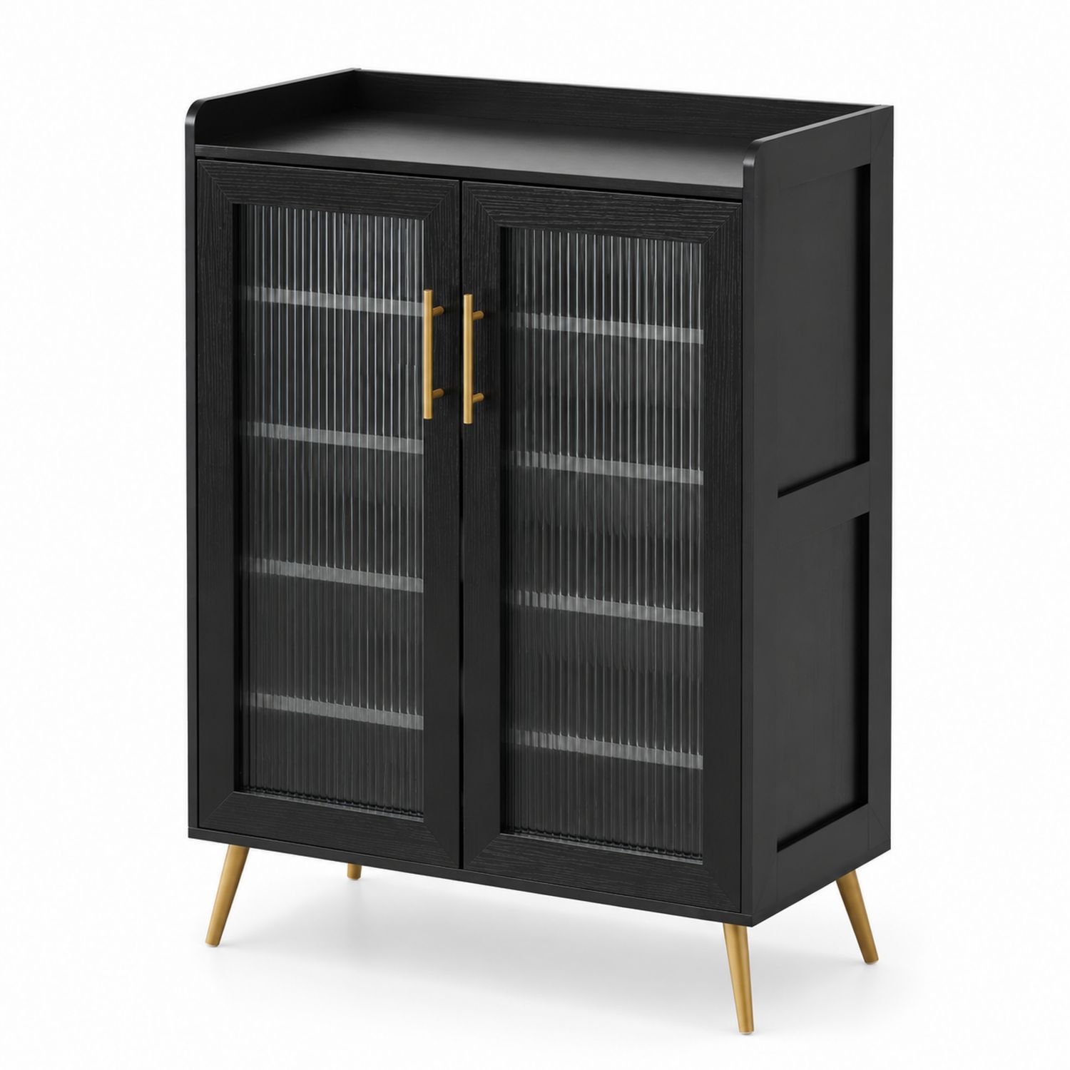 Schwarzer Holzvitrinenschrank mit Riffelglastüren und goldfarbenen Metallbeinen