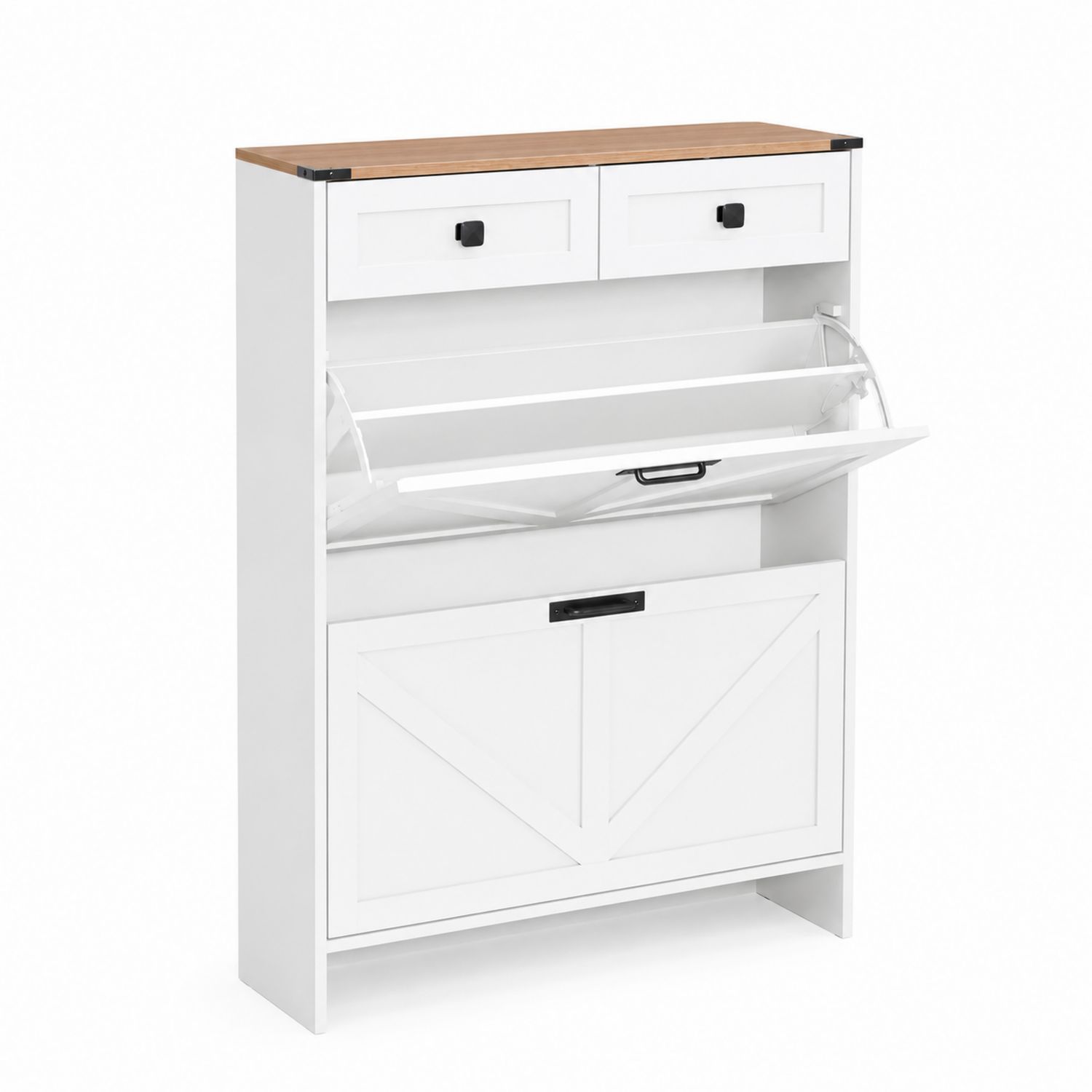 Schuhschrank Weiß MDF mit Holzfurnier 91x100x23cm