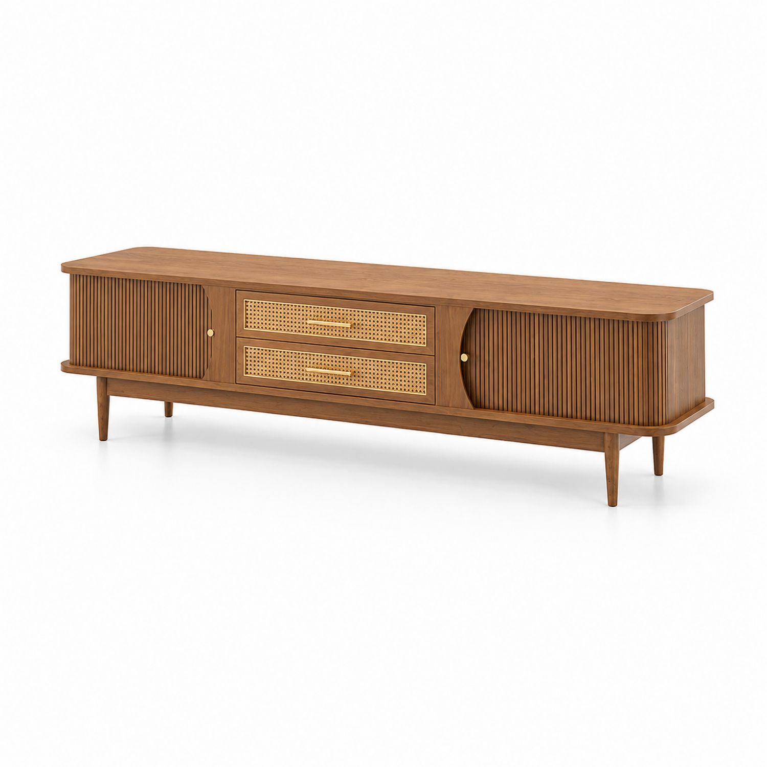 TV-Schrank aus Holz mit Rattan-Details 150x40x50 cm Braun