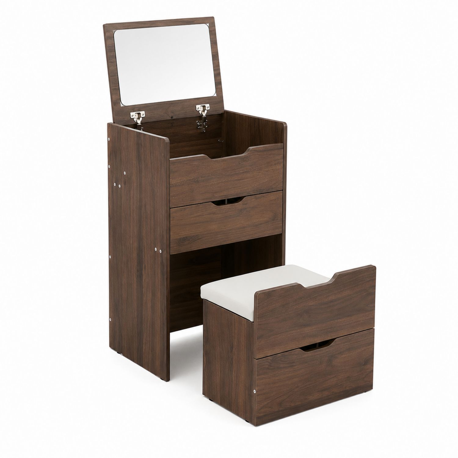 Schminktisch-Set mit Spiegel und Hocker aus Holz, Dunkelbraun