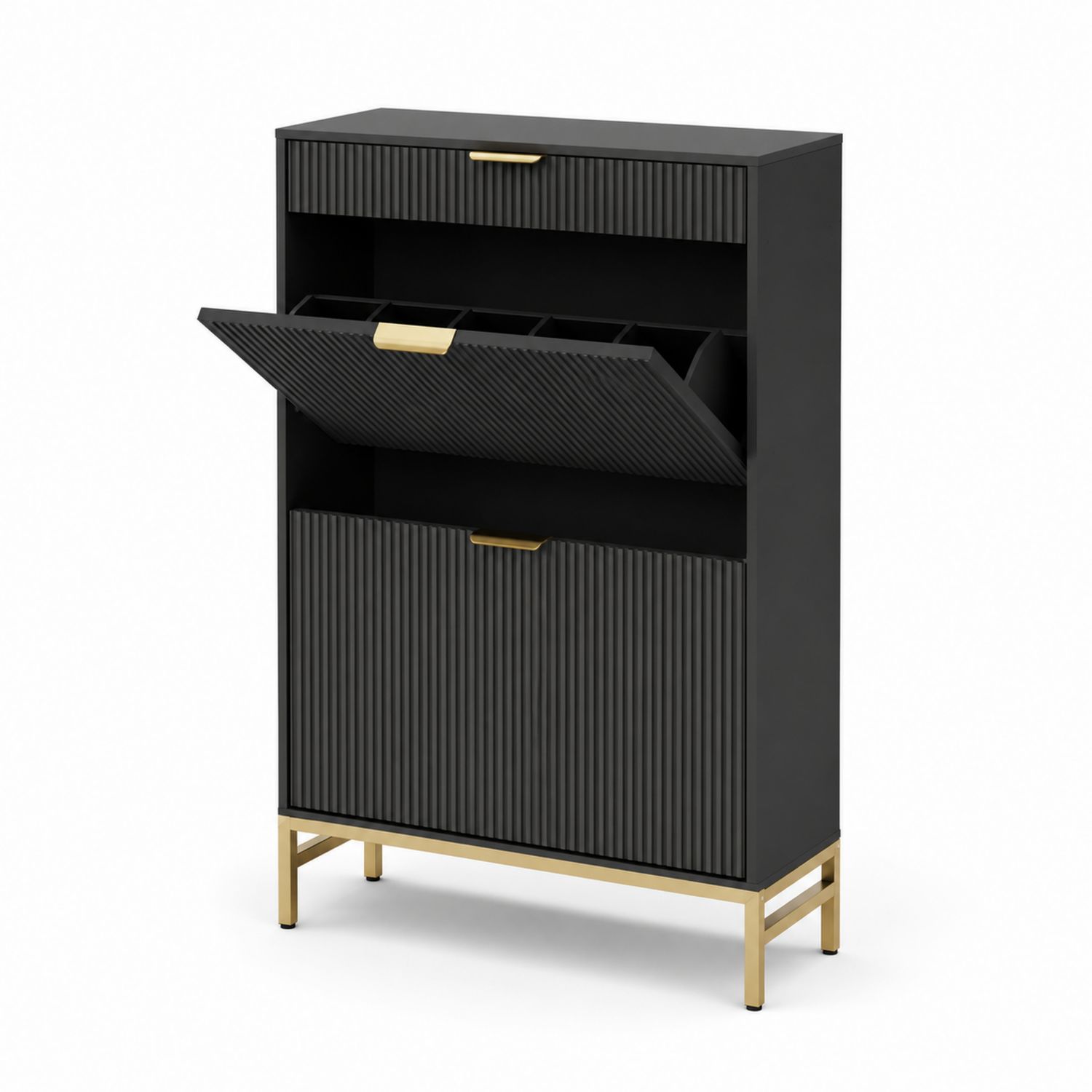 Schuhschrank mit Klappfächern, MDF und Metall, Schwarz/Gold