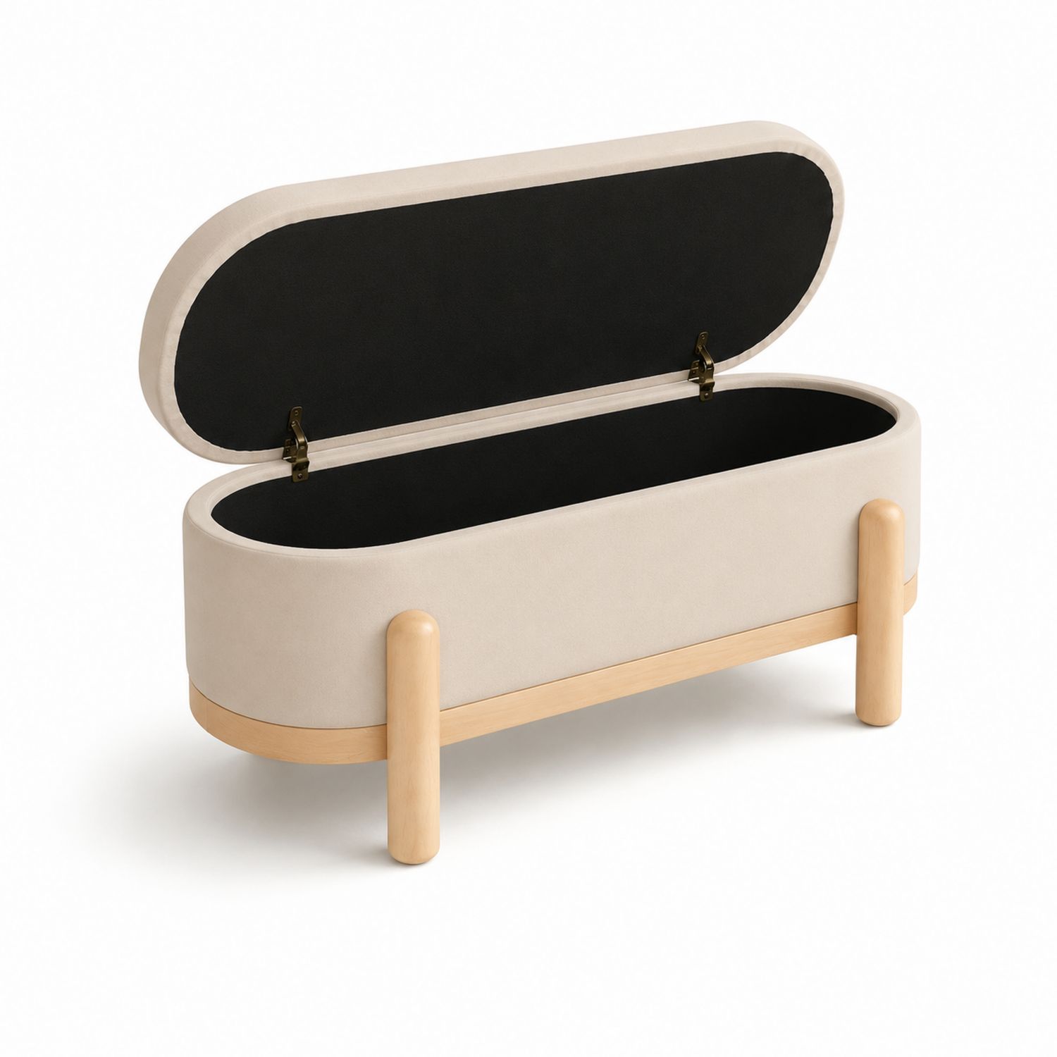 Hocker mit Stauraum aus Holz und Polyester Stoff Creme/Schwarz 80x40x45 cm