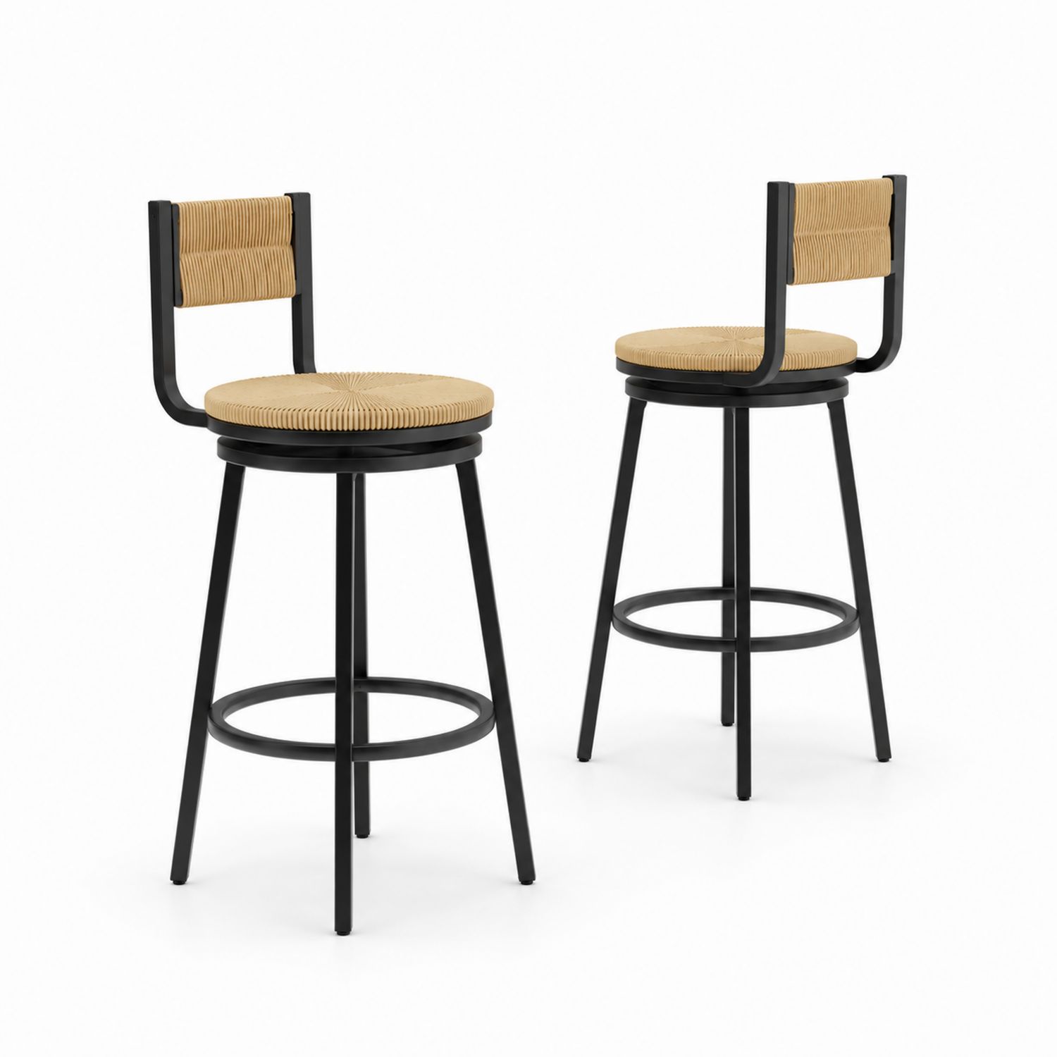 2er Set Barhocker Metall mit Rattan Natur/Schwarz 75 cm