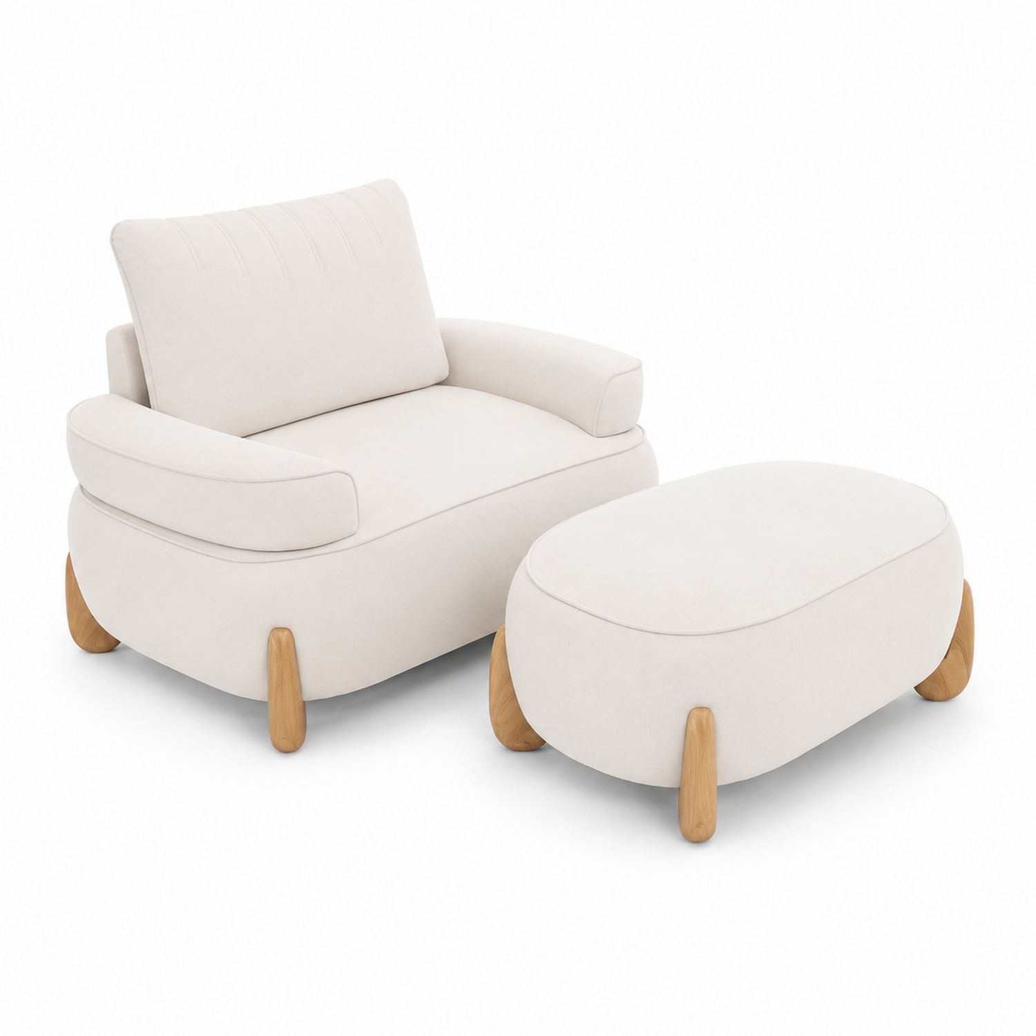 Sessel und Hocker Set, Stoff, Holzfüße, Beige