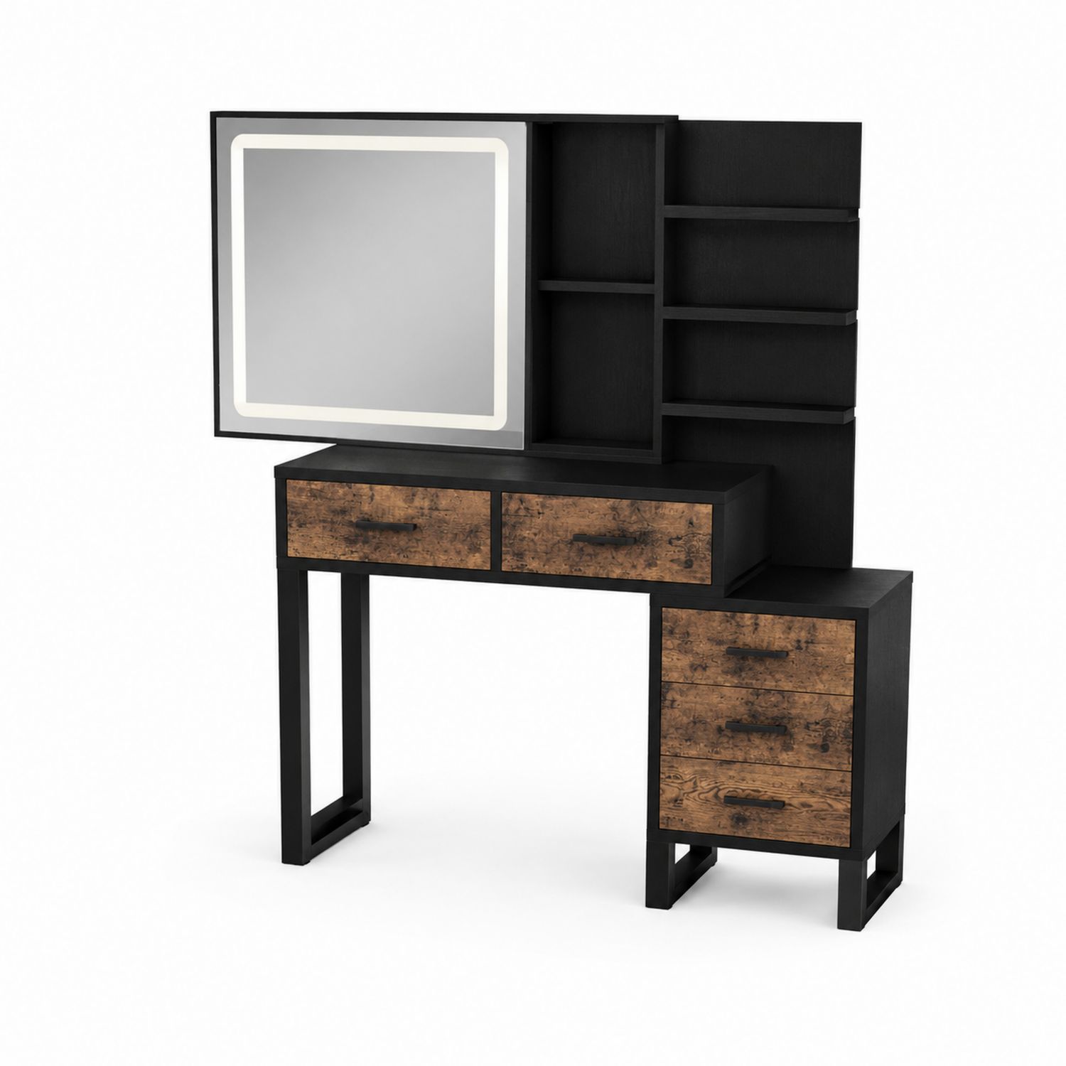 Schminktisch aus Holz und Metall mit Spiegel und Regalen Schwarz/Braun