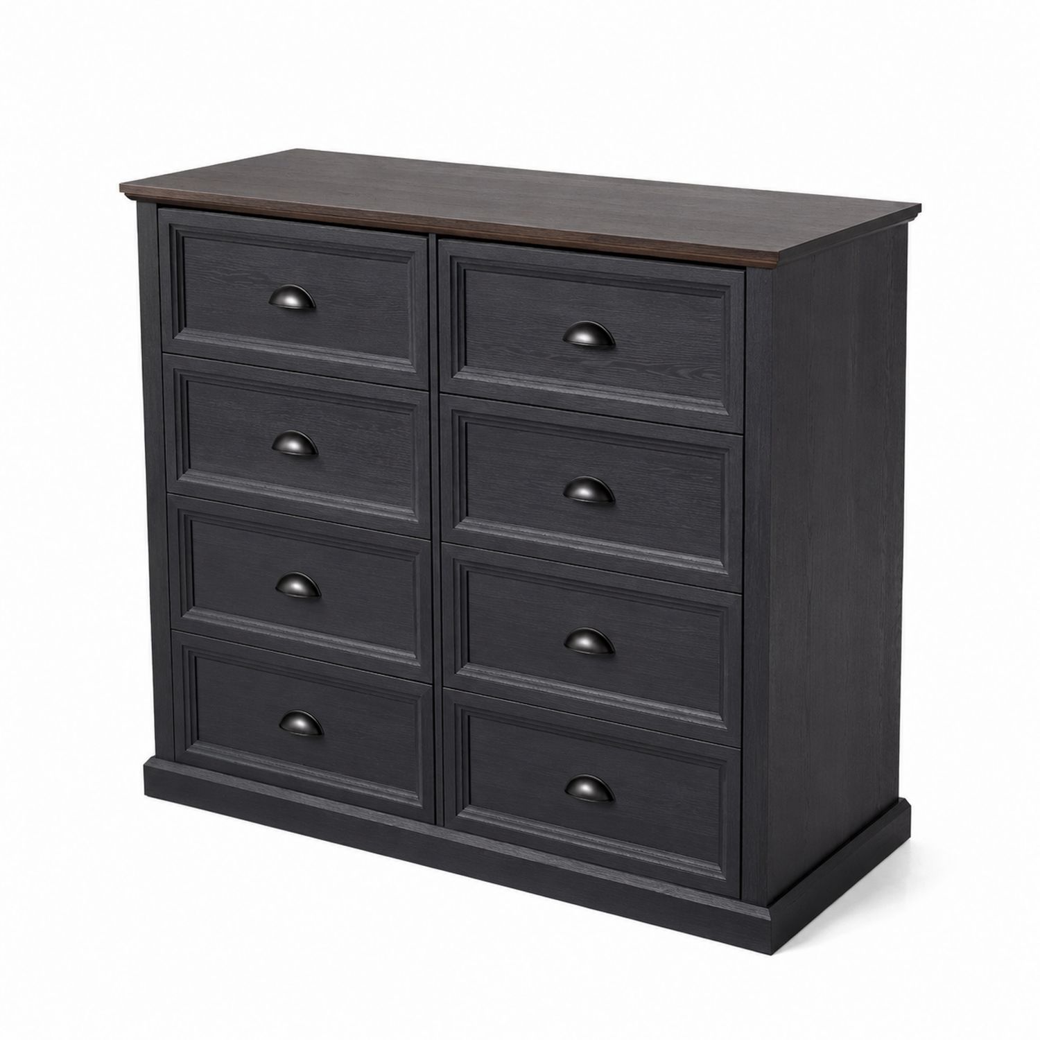 Schwarze Kommode mit 8 Schubladen aus MDF und Eichenfurnier