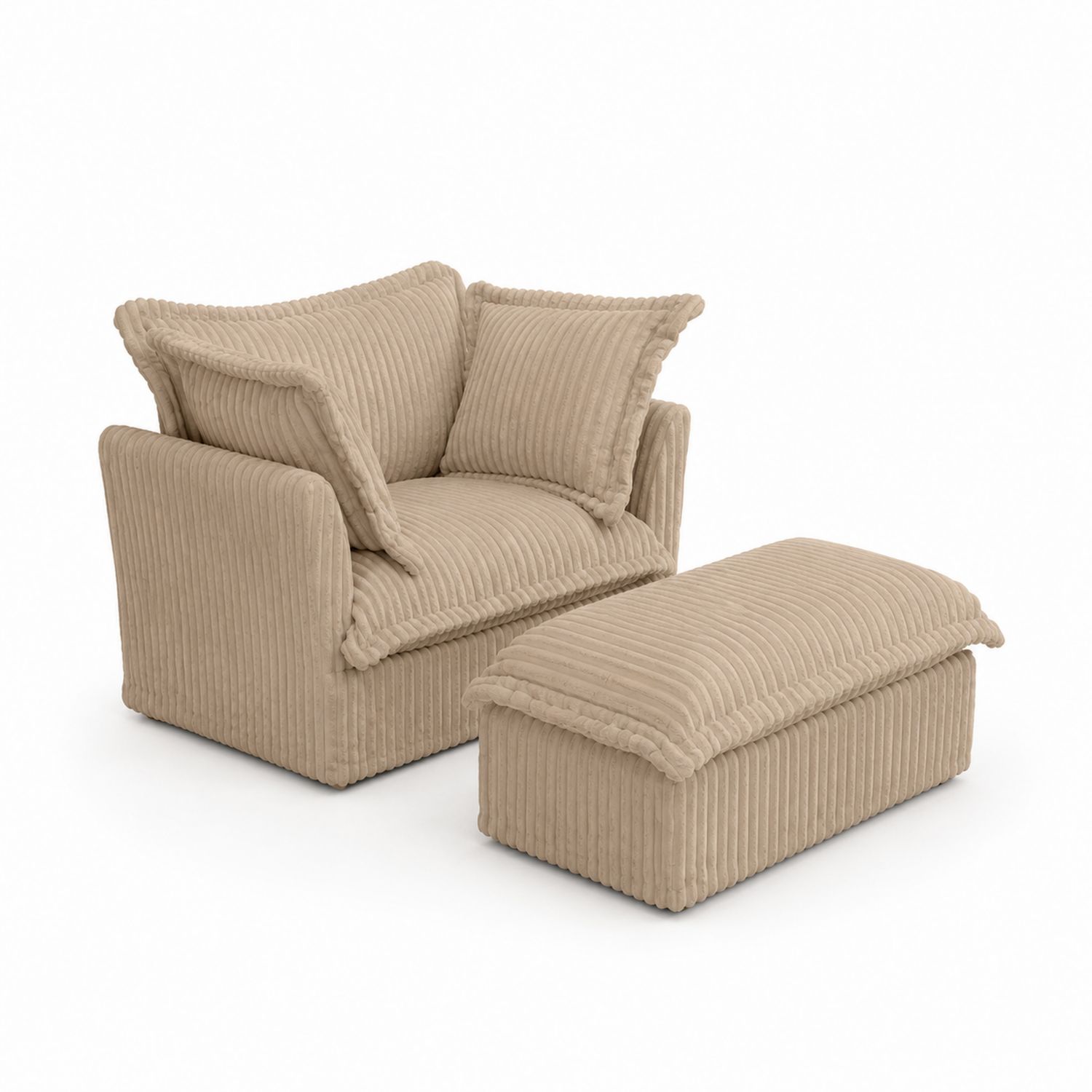 Cord Sessel Set mit Hocker Beige