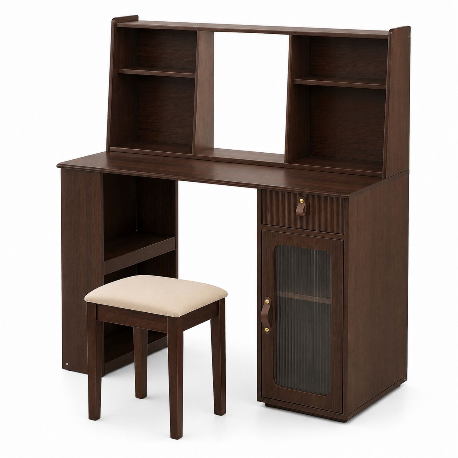 Schminktisch mit Regal und Hocker Dunkelbraun Holz Beige