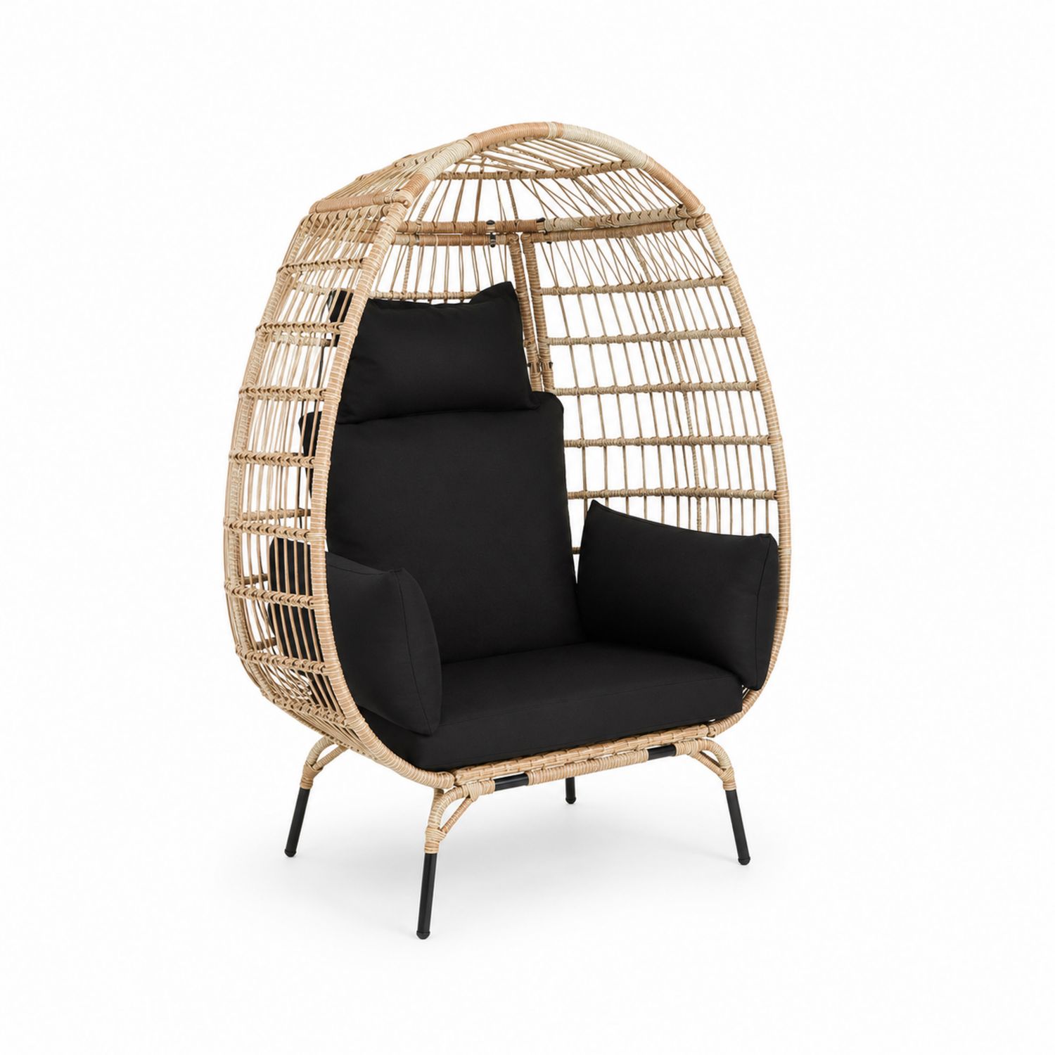 Outdoor-Eiersessel aus Rattan mit schwarzen Kissen