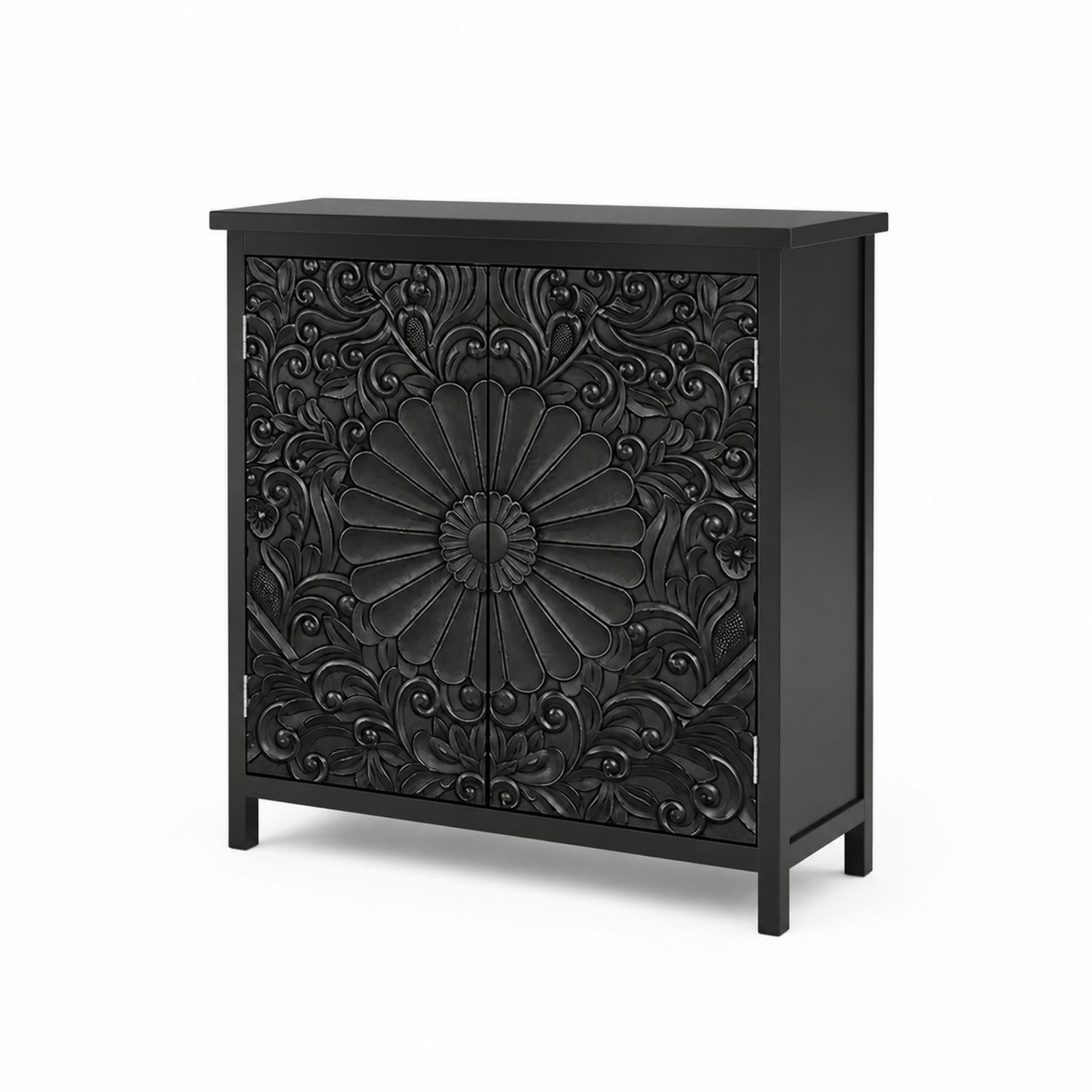 Schwarzes Holz-Sideboard mit handgeschnitztem Blumendekor