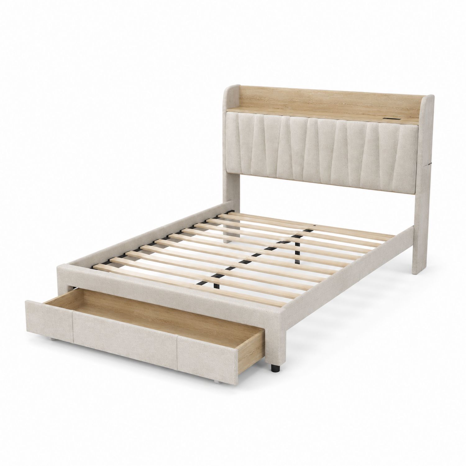 Bettgestell mit Kopfteil und Schublade Holz Stoff Beige 140x200 cm
