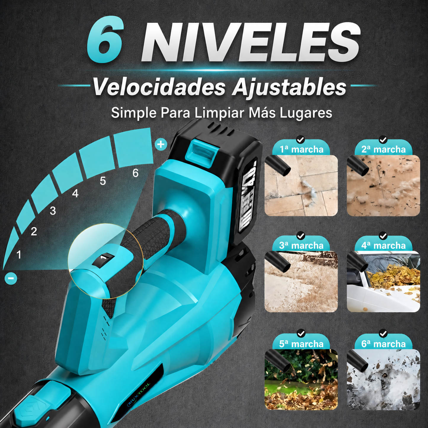 Soplador de hojas inalámbrico de 21 V y 6 velocidades: para una limpieza rápida y eficaz del jardín y la terraza — incluye 2 baterías.
