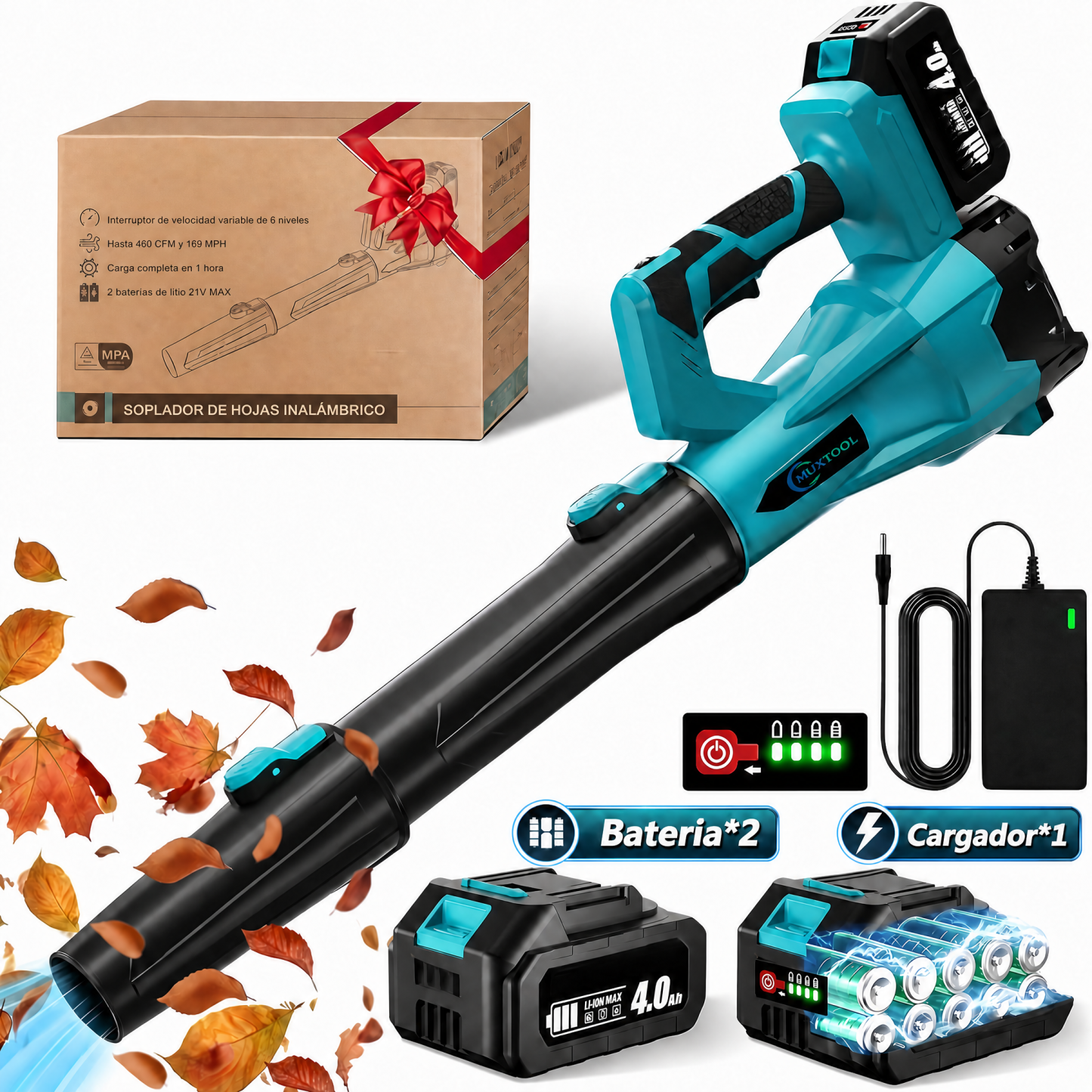 Soplador de hojas inalámbrico de 21 V y 6 velocidades: para una limpieza rápida y eficaz del jardín y la terraza — incluye 2 baterías.