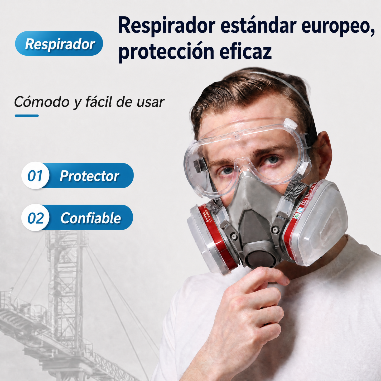 Máscara reutilizable de media cara con gafas – protección contra humos, productos químicos y polvo, ideal para pintar, soldar y trabajar la madera.