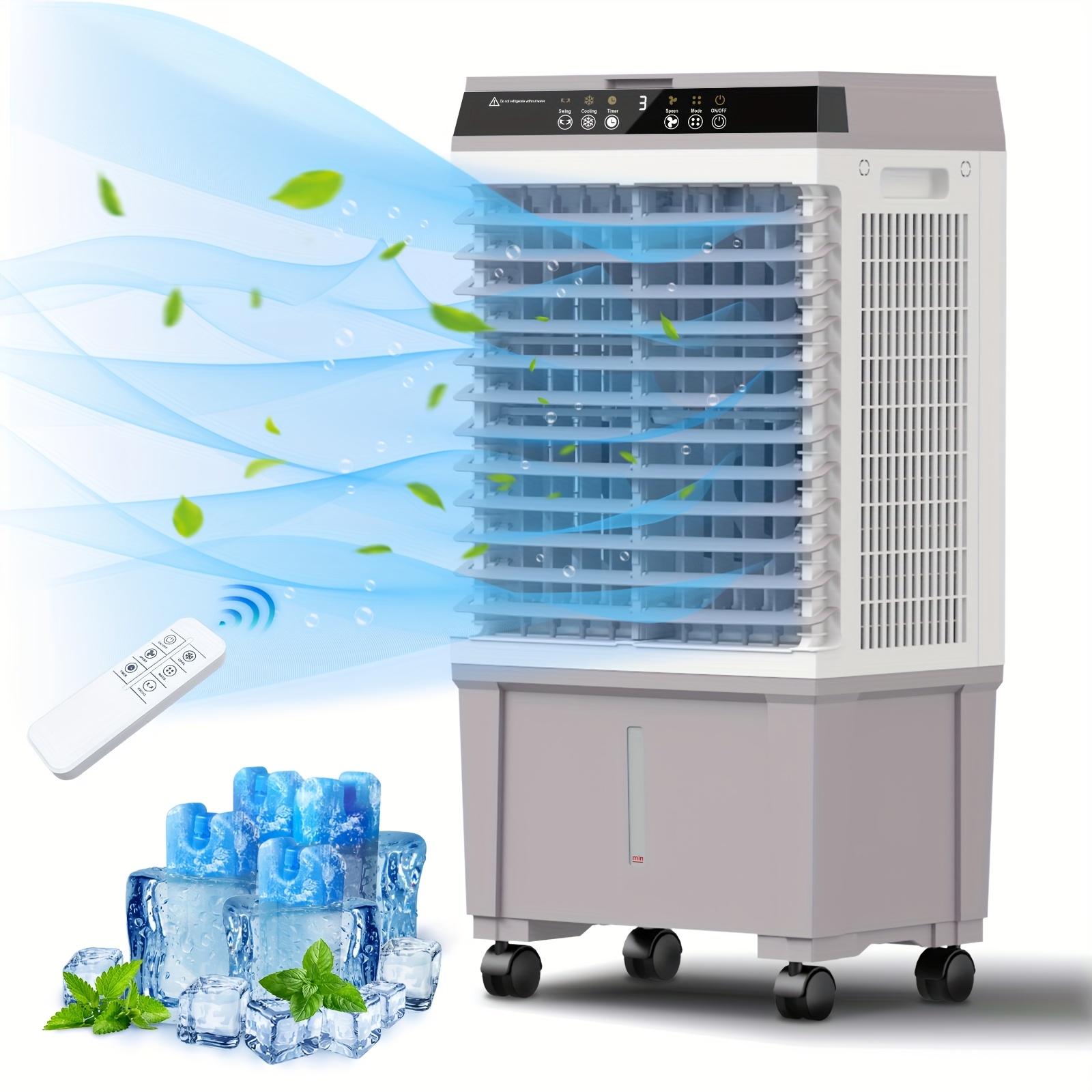 Rafraîchisseur d'Air Portable 15 L, 120 W, avec Télécommande, 3 Vitesses, Minuterie 4 h, Oscillation, Roues et Blocs Réfrigérants Inclus