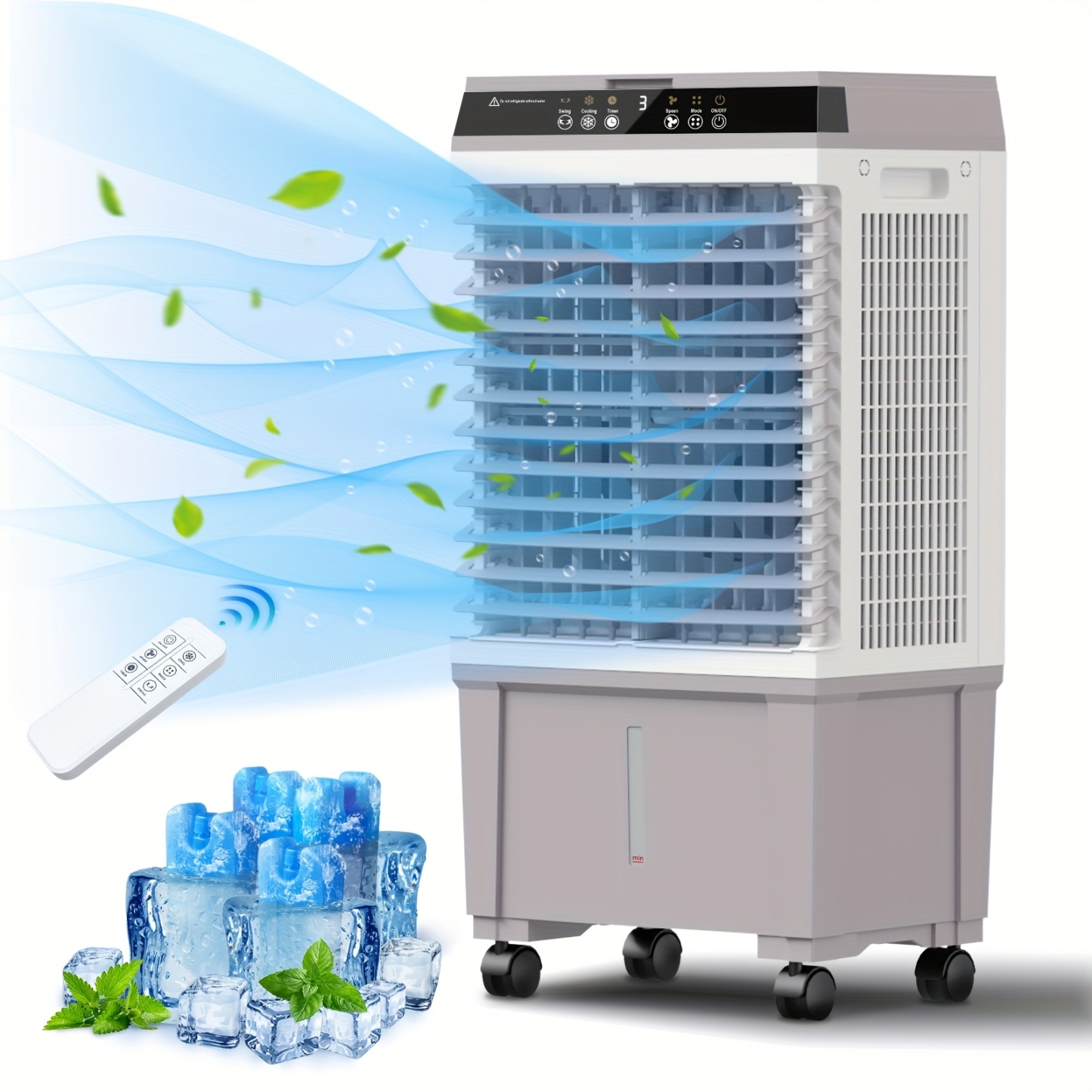 Rafraîchisseur d'Air Portable 15 L, 120 W, avec Télécommande, 3 Vitesses, Minuterie 4 h, Oscillation, Roues et Blocs Réfrigérants Inclus