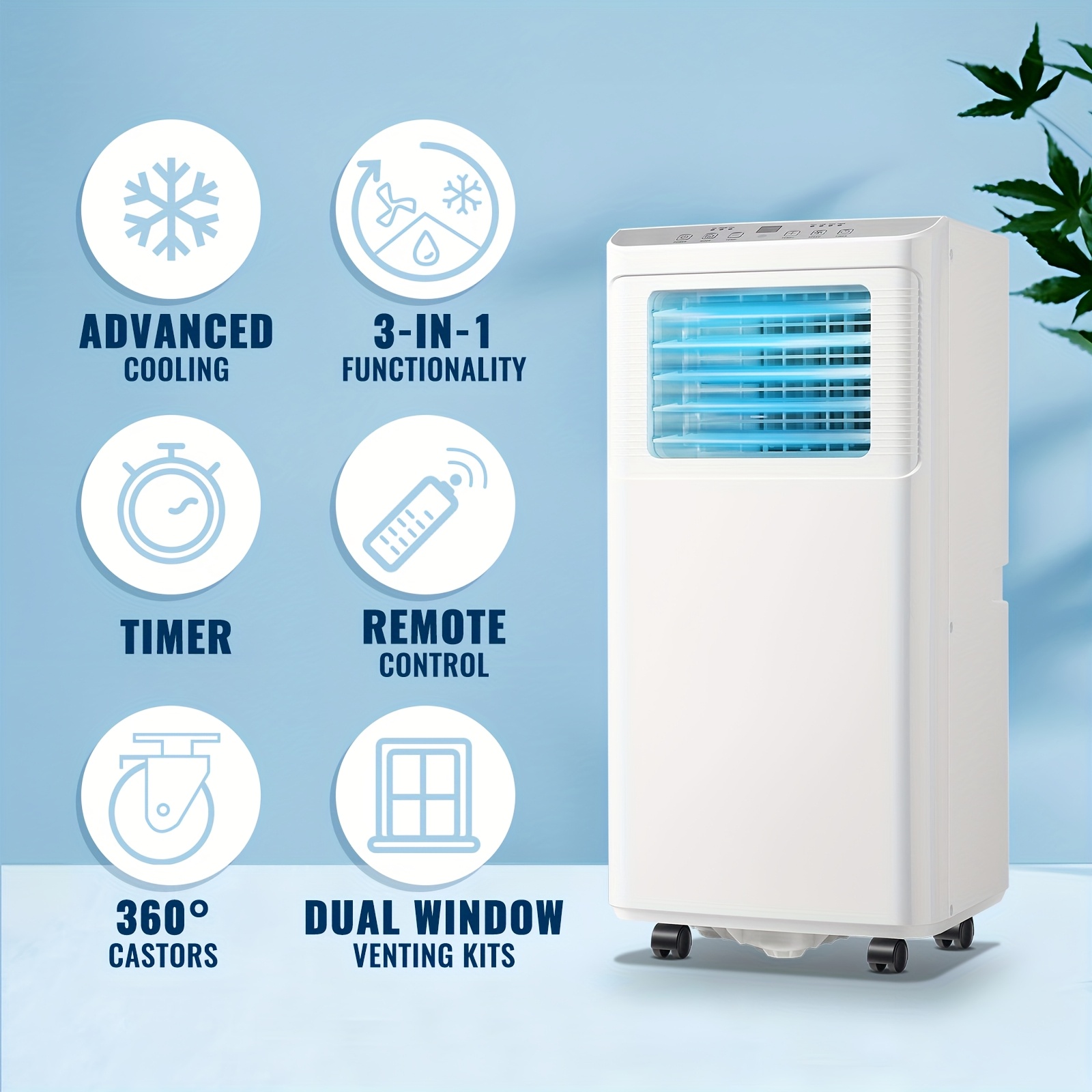 Climatiseur Mobile 9000 BTU (2,6 kW), Refroidissement, Ventilation et Déshumidification 3 en 1, Télécommande, Minuterie 24 h, Classe Énergétique A