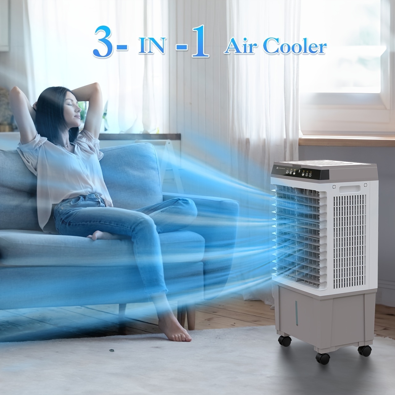 Rafraîchisseur d'Air Portable 15 L, 120 W, avec Télécommande, 3 Vitesses, Minuterie 4 h, Oscillation, Roues et Blocs Réfrigérants Inclus