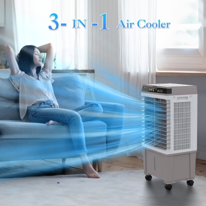 Rafraîchisseur d'Air Portable 15 L, 120 W, avec Télécommande, 3 Vitesses, Minuterie 4 h, Oscillation, Roues et Blocs Réfrigérants Inclus