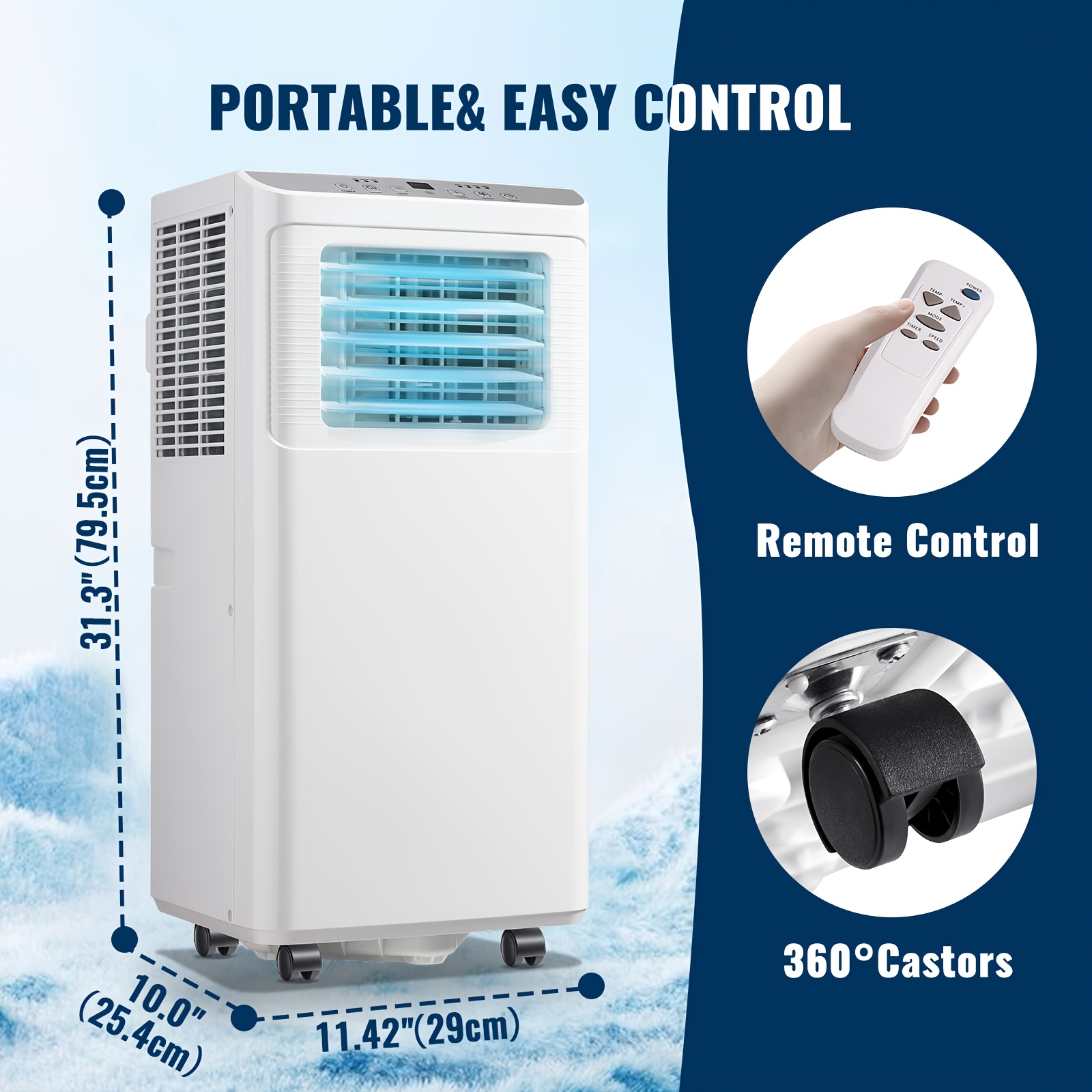 Climatiseur Mobile 9000 BTU (2,6 kW), Refroidissement, Ventilation et Déshumidification 3 en 1, Télécommande, Minuterie 24 h, Classe Énergétique A