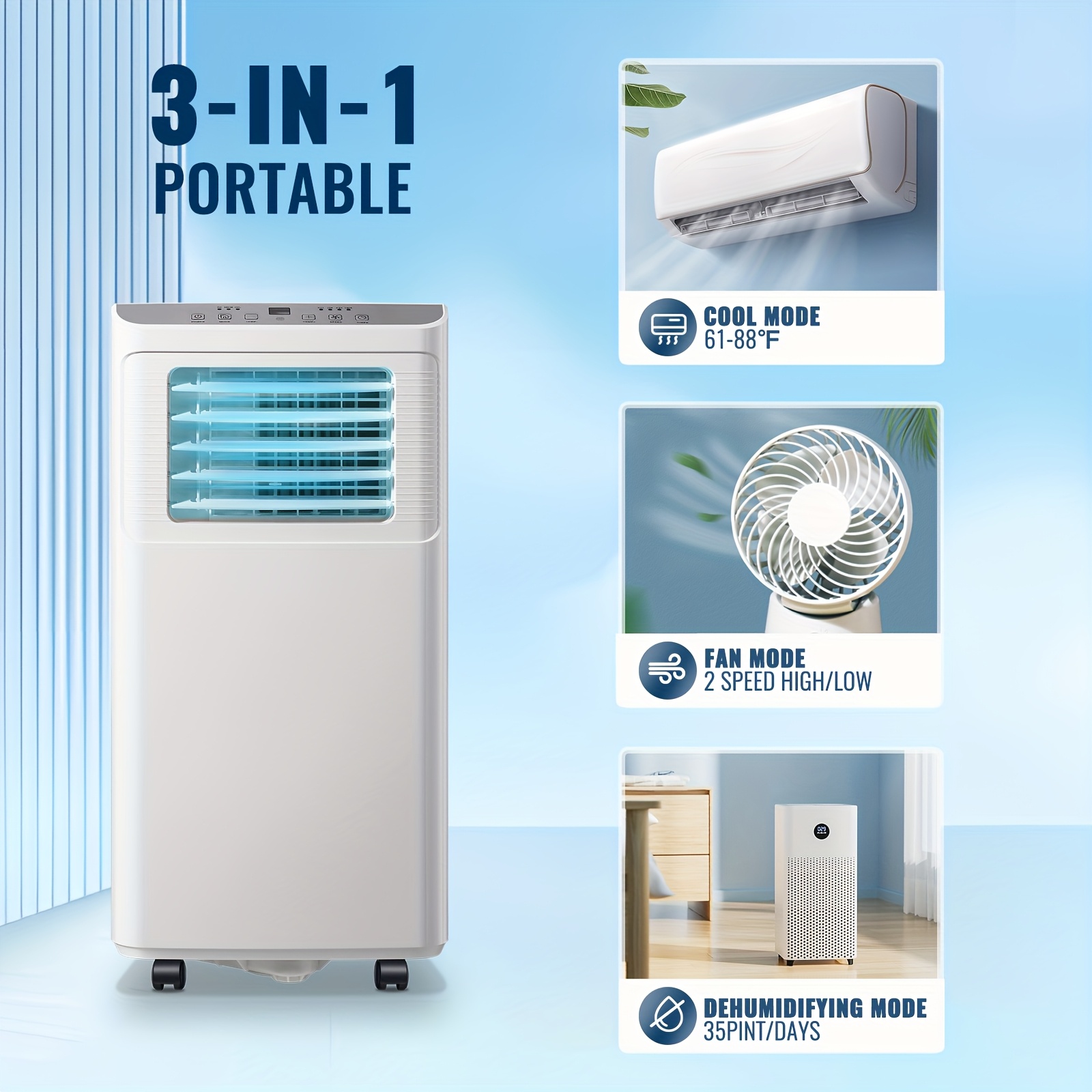 Climatiseur Mobile 9000 BTU (2,6 kW), Refroidissement, Ventilation et Déshumidification 3 en 1, Télécommande, Minuterie 24 h, Classe Énergétique A