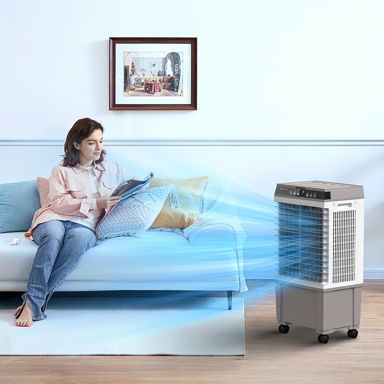 Rafraîchisseur d'Air Portable 15 L, 120 W, avec Télécommande, 3 Vitesses, Minuterie 4 h, Oscillation, Roues et Blocs Réfrigérants Inclus