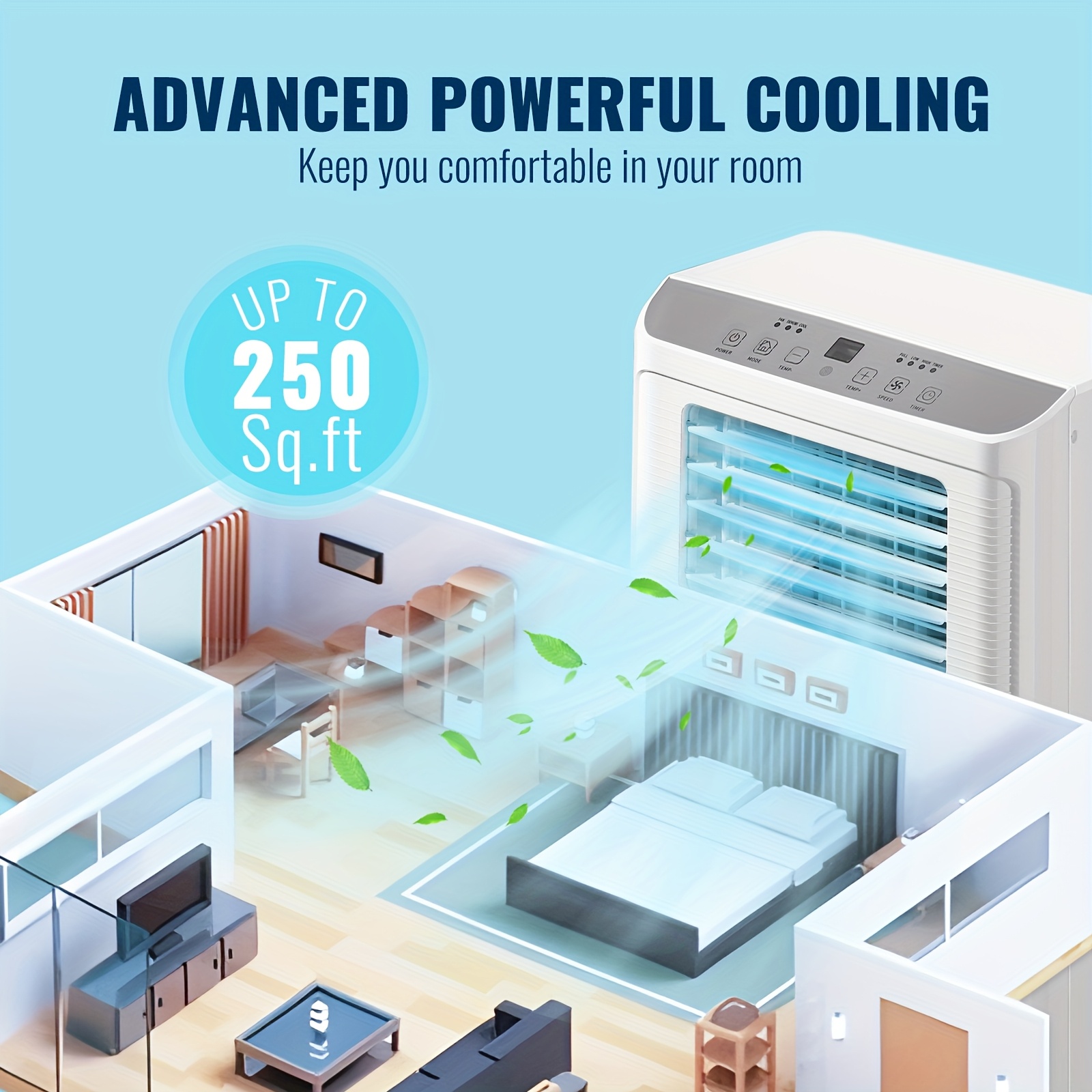 Climatiseur Mobile 9000 BTU (2,6 kW), Refroidissement, Ventilation et Déshumidification 3 en 1, Télécommande, Minuterie 24 h, Classe Énergétique A