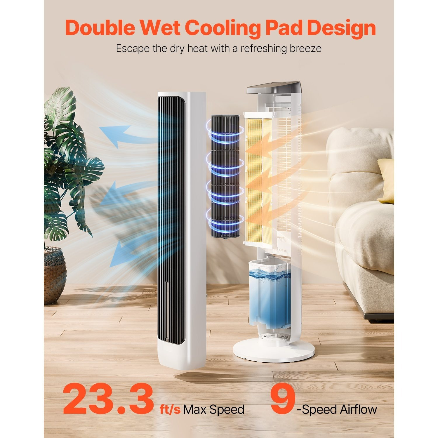 Ventilateur Tour Silencieux 70° Oscillant, 9 Vitesses, 4 Modes, Minuterie 24 h, Ventilation Puissante 23,3 Pieds/s, Ventilateur sur Pied pour Intérieur
