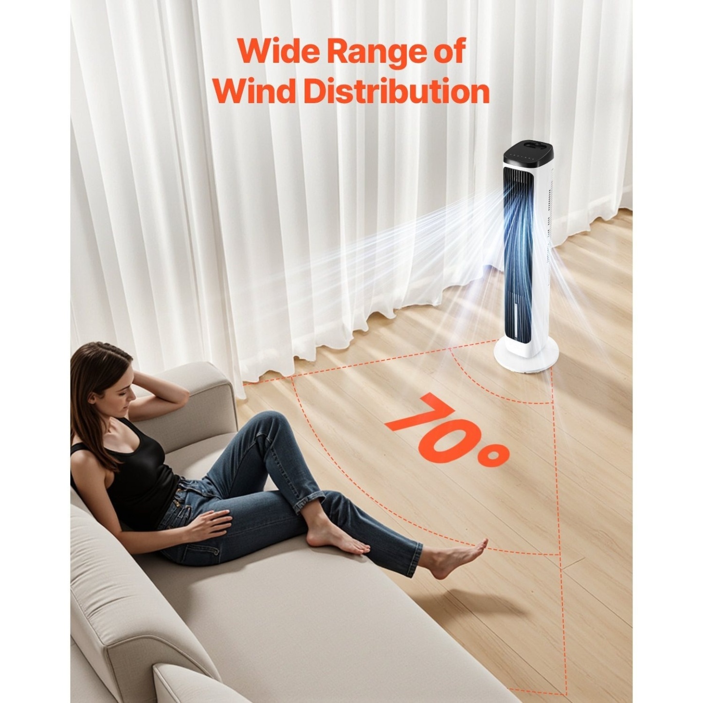 Ventilateur Tour Silencieux 70° Oscillant, 9 Vitesses, 4 Modes, Minuterie 24 h, Ventilation Puissante 23,3 Pieds/s, Ventilateur sur Pied pour Intérieur