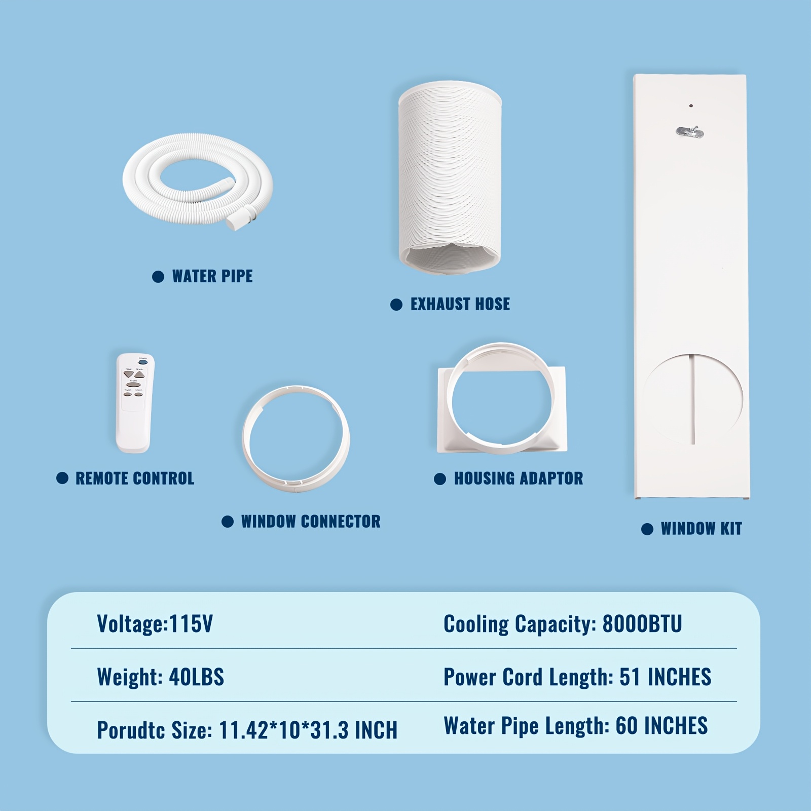 Climatiseur Mobile 9000 BTU (2,6 kW), Refroidissement, Ventilation et Déshumidification 3 en 1, Télécommande, Minuterie 24 h, Classe Énergétique A