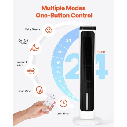 Ventilateur Tour Silencieux 70° Oscillant, 9 Vitesses, 4 Modes, Minuterie 24 h, Ventilation Puissante 23,3 Pieds/s, Ventilateur sur Pied pour Intérieur