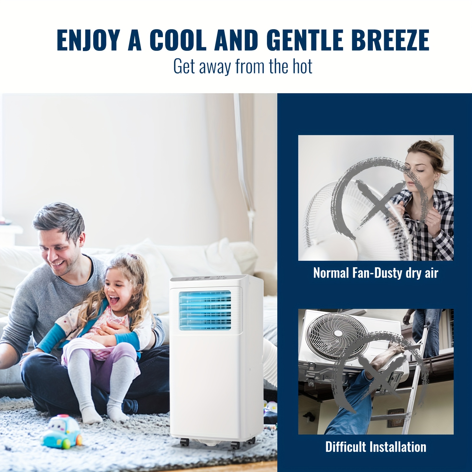 Climatiseur Mobile 9000 BTU (2,6 kW), Refroidissement, Ventilation et Déshumidification 3 en 1, Télécommande, Minuterie 24 h, Classe Énergétique A