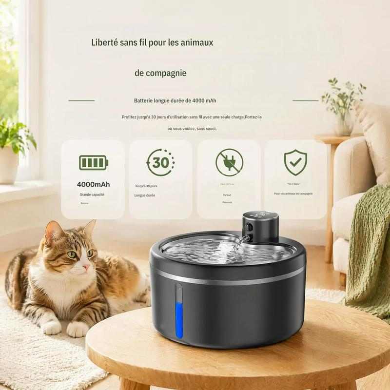 Fontaine à Eau Sans Fil pour Chat et Chien 2,5 L – Ultra Silencieuse, Filtration 4 Couches