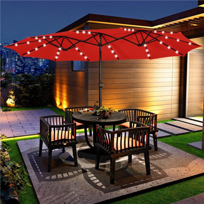 Sombrilla de Patio Grande 13/15 ft | Rectangular Doble Cara con 36 Luces LED y Manivela + Base Incluida