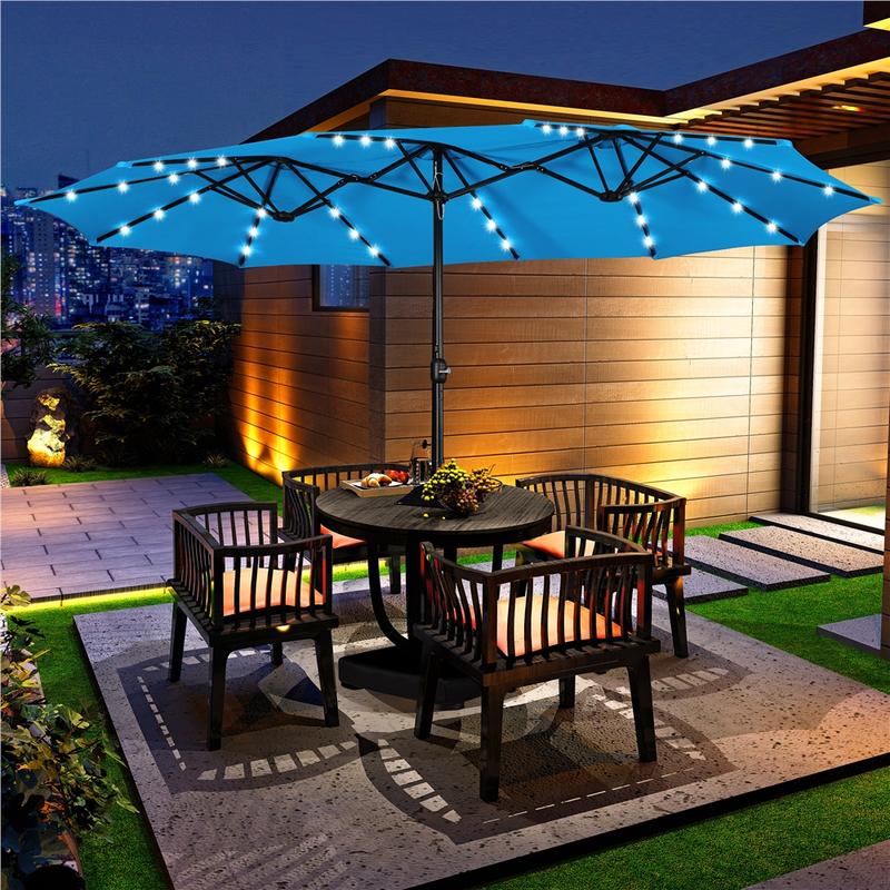 Sombrilla de Patio Grande 13/15 ft | Rectangular Doble Cara con 36 Luces LED y Manivela + Base Incluida