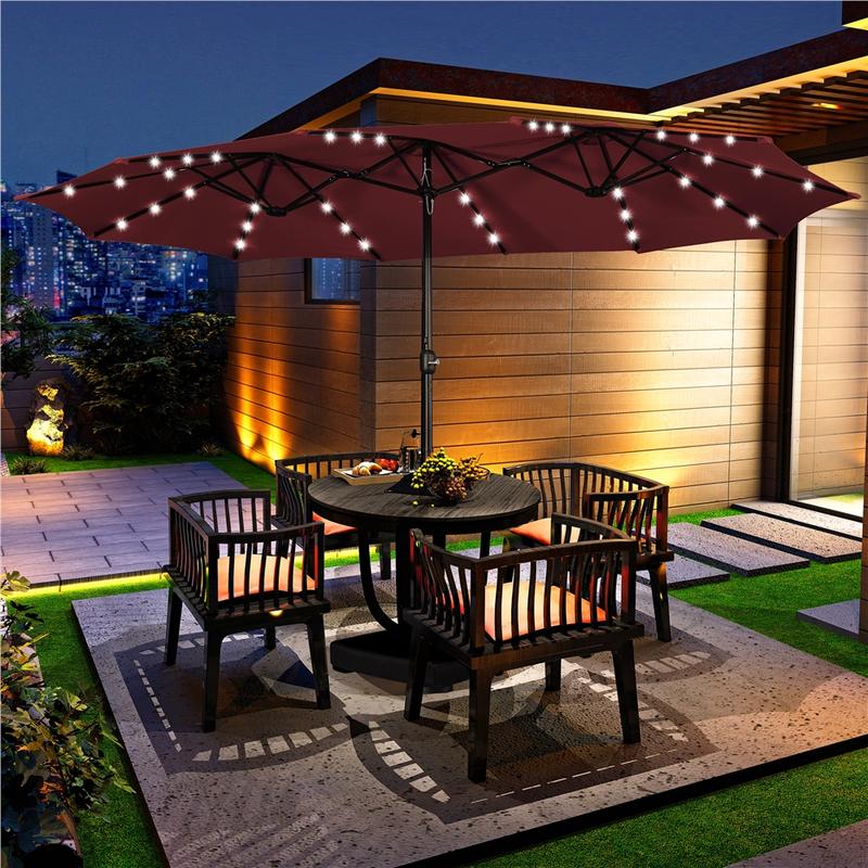 Sombrilla de Patio Grande 13/15 ft | Rectangular Doble Cara con 36 Luces LED y Manivela + Base Incluida