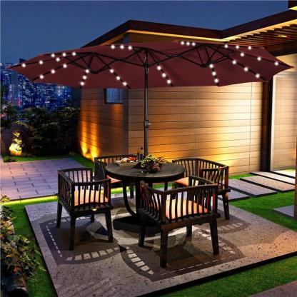 Sombrilla de Patio Grande 13/15 ft | Rectangular Doble Cara con 36 Luces LED y Manivela + Base Incluida