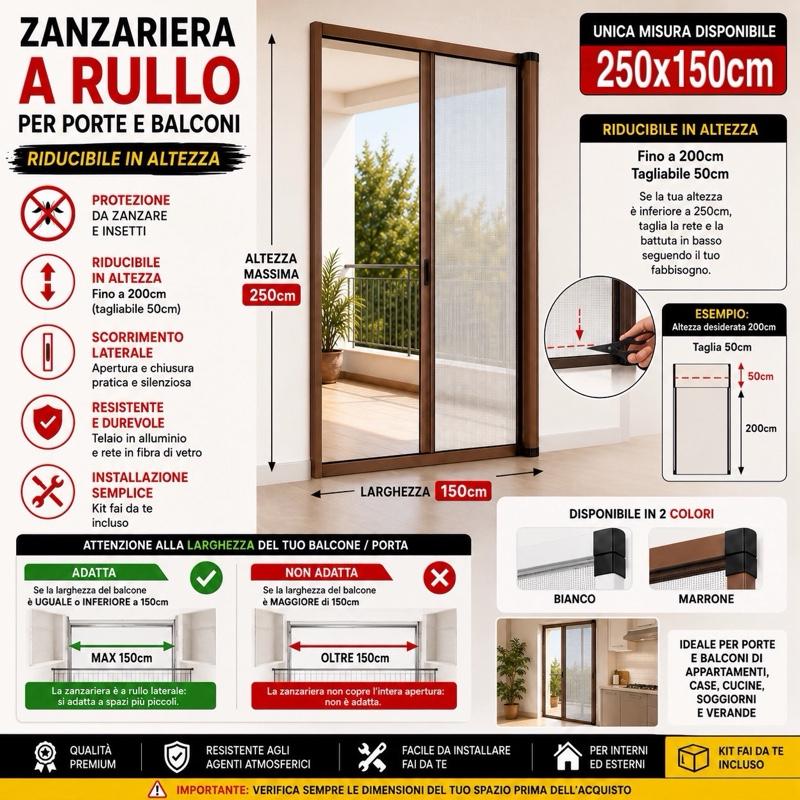 Zanzariera a Rullo per Porte e Portefinestre 150x250 cm, Riducibile fino a 200 cm, Telaio in Alluminio, Bianca o Marrone
