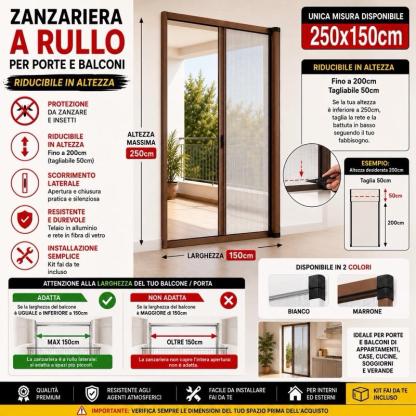 Zanzariera a Rullo per Porte e Portefinestre 150x250 cm, Riducibile fino a 200 cm, Telaio in Alluminio, Bianca o Marrone