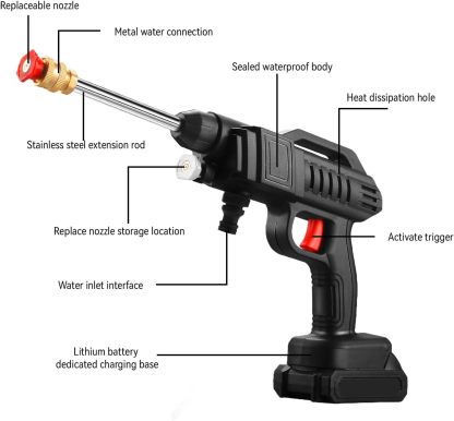 Nettoyeur Haute Pression Sans Fil 18 V – 50 Bar, avec Tuyau 5 m, Pistolet à Eau Portable pour Voiture, Jardin et Extérieur